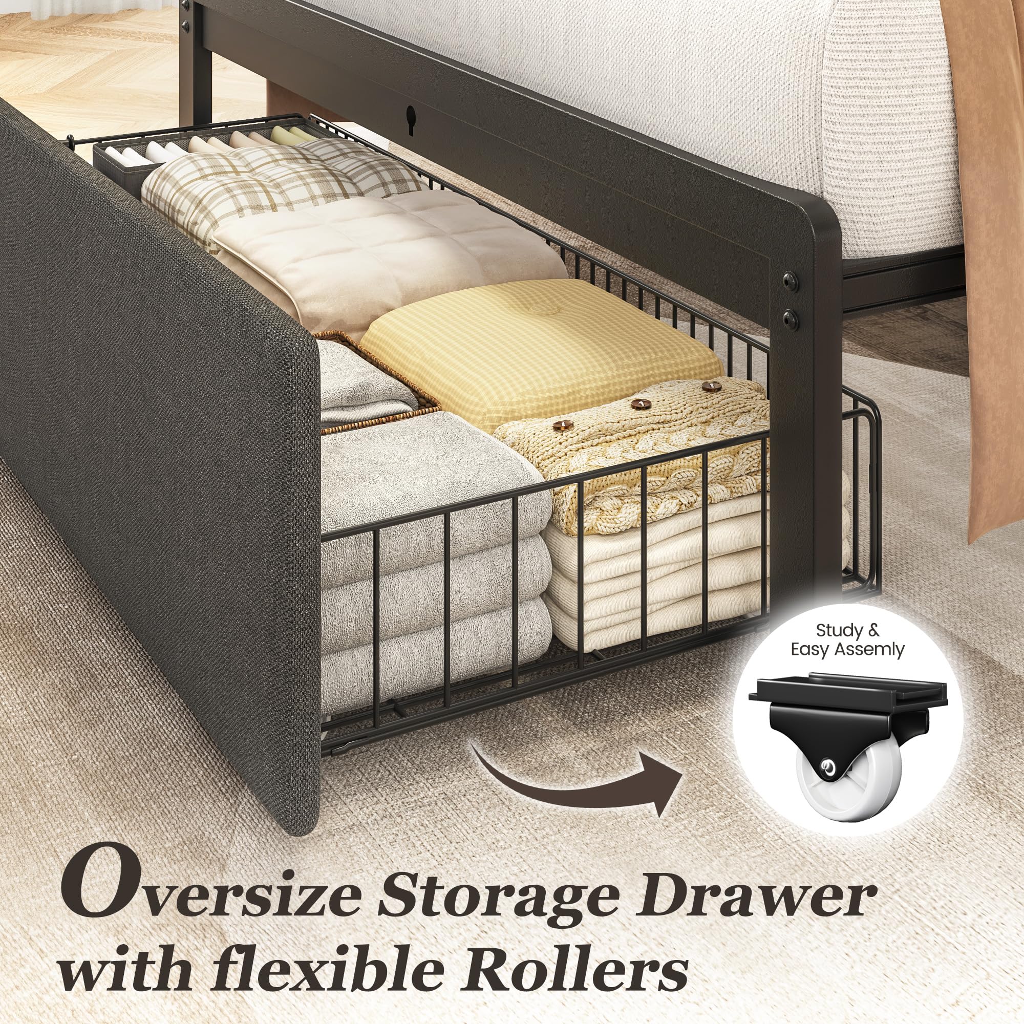 Fluest Twin Bed Frame with Storage Drawer, Upholstered Headboard Button Tufted Bed Frame with Charging Station, No Box Spring Needed, Noise-Free, All Metal Structure, Grey