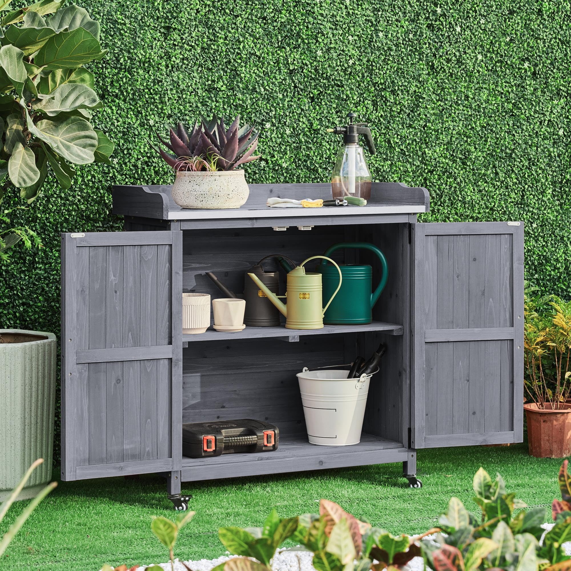Rolling Garden Potting Bench with Metal Top & Storage