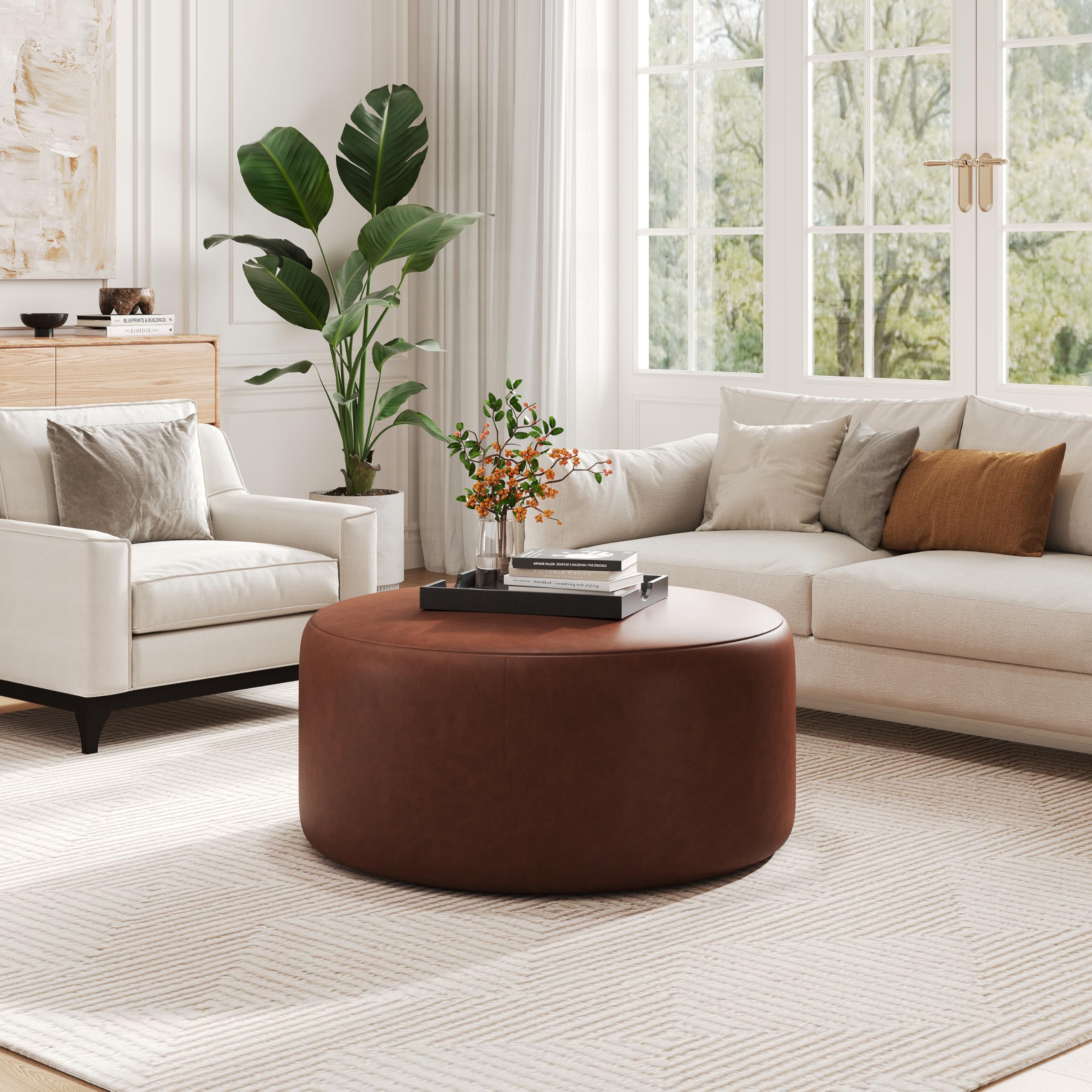 Christopher Knight Home GAVI 30" Ottoman Foot Stool, Faux Leather Pouf Footstool Ottoman Seat, Upholstered Foot Chair, Round Footrest, Modern Side Table for Living Room Bedroom Home Decor, Brown