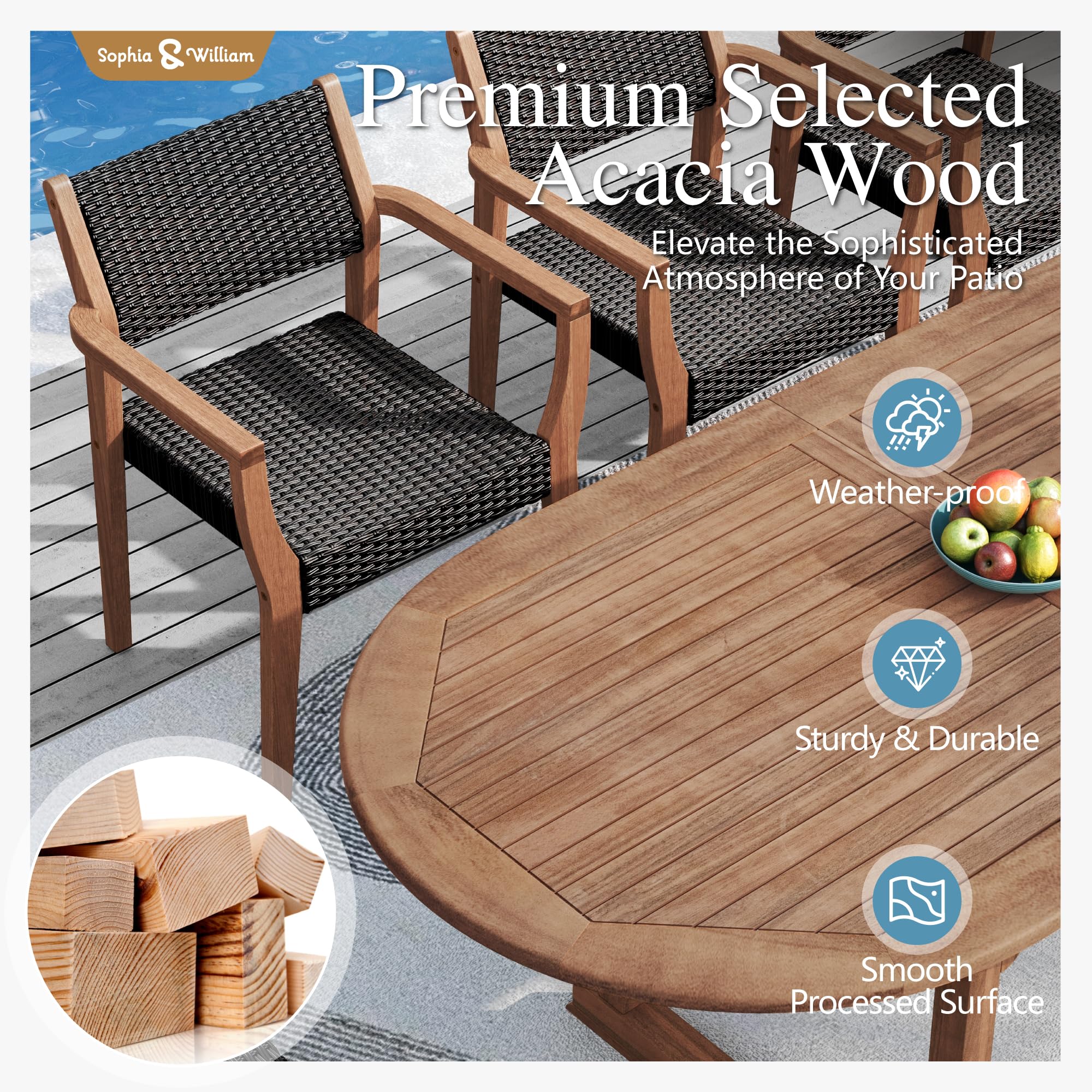 Expandable Acacia Wood Patio Dining Set with Rattan Chairs