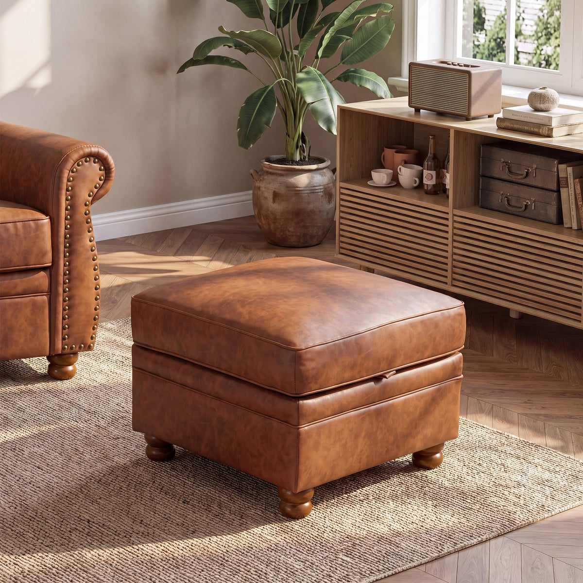 Landassy Home 26" Square Ottoman with Storage, Faux Leather, Caramel