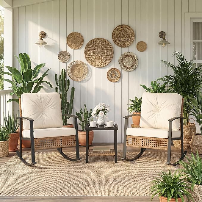 3-Piece Outdoor Rocking Bistro Set with Cushions & Glass-Top Table