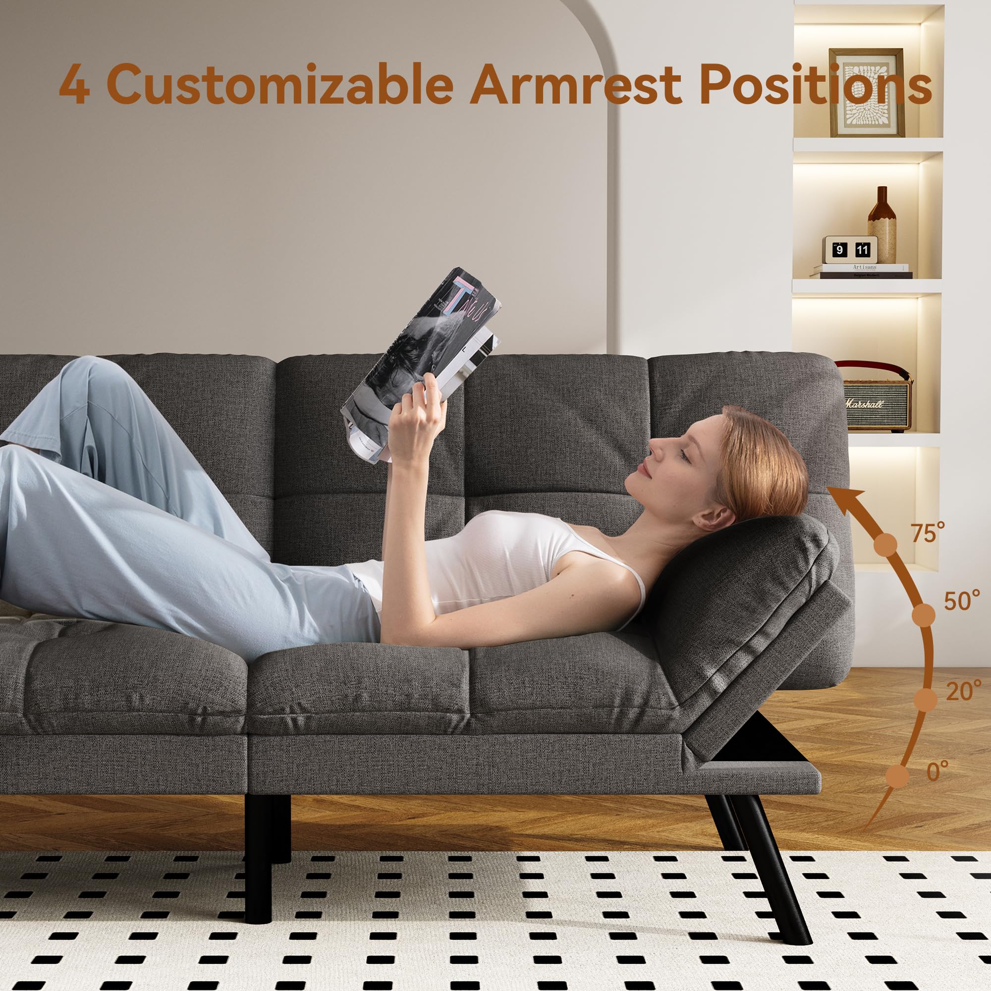 Convertible Futon Sofa Bed with Adjustable Backrest & Armrests