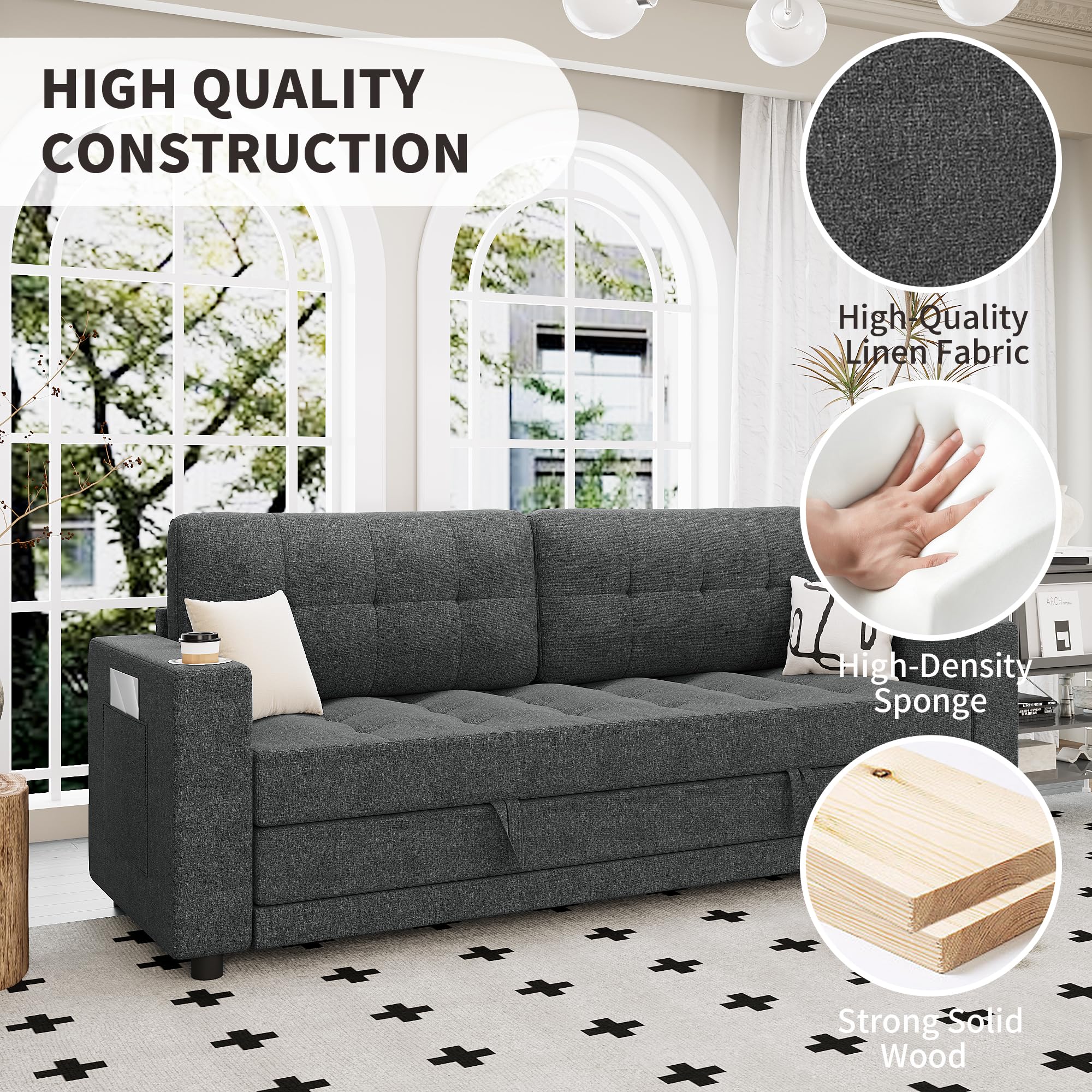 HYZQ Upgraded Queen Size Futon Sofa Bed, 83" Thick Upholstery Loveseat Sleeper Sofa Pull Out Couch, Convertible Floor Couch for Bedroom/Living Room (Dark Grey)