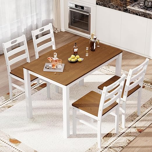 5-Piece Solid Wood Dining Table Set with Faux Marble Top