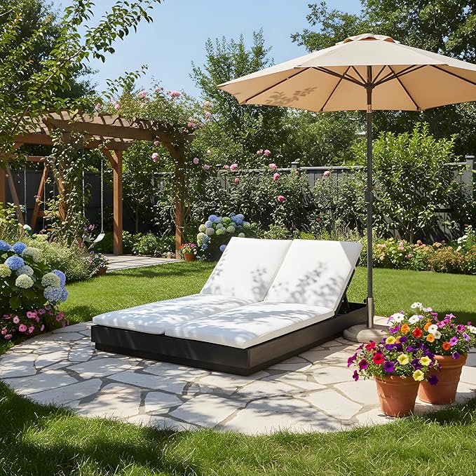 Double Outdoor Chaise Lounge with Cushion & Adjustable Backrest