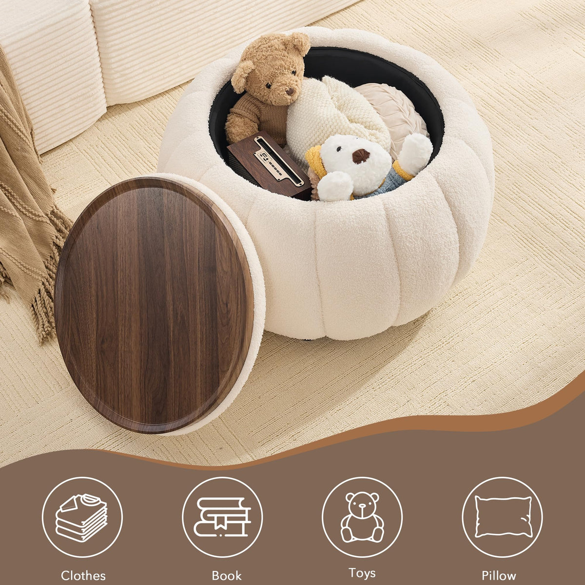 Beige Round Storage Ottoman