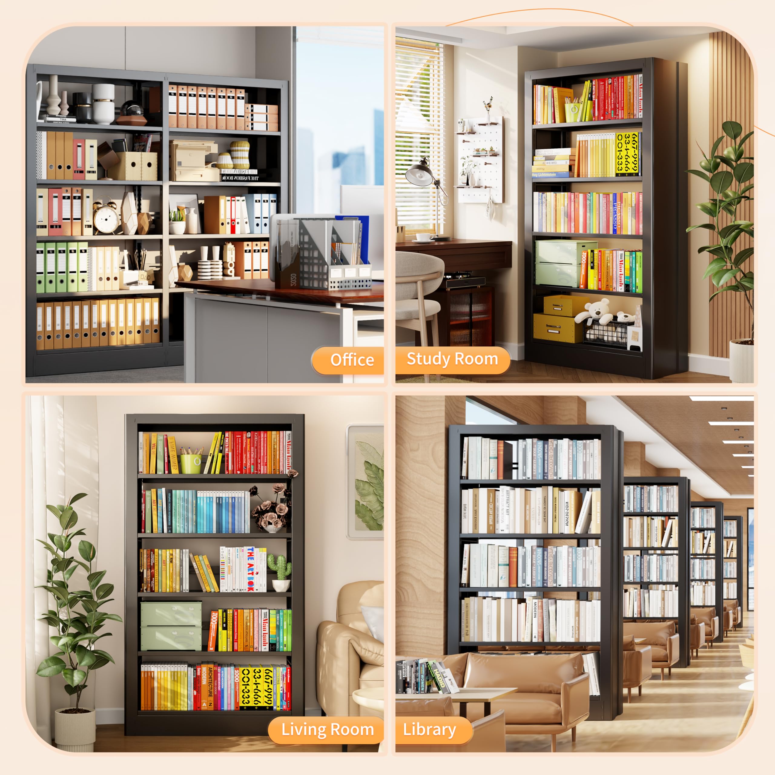 Jazipic 5-Tier Bookcase with Adjustable Storage Shelves, Heavy Duty Bookcase, Metal Bookshelf with Book Stopper, Black Bookcase Shelf for Library, Office, Living Room