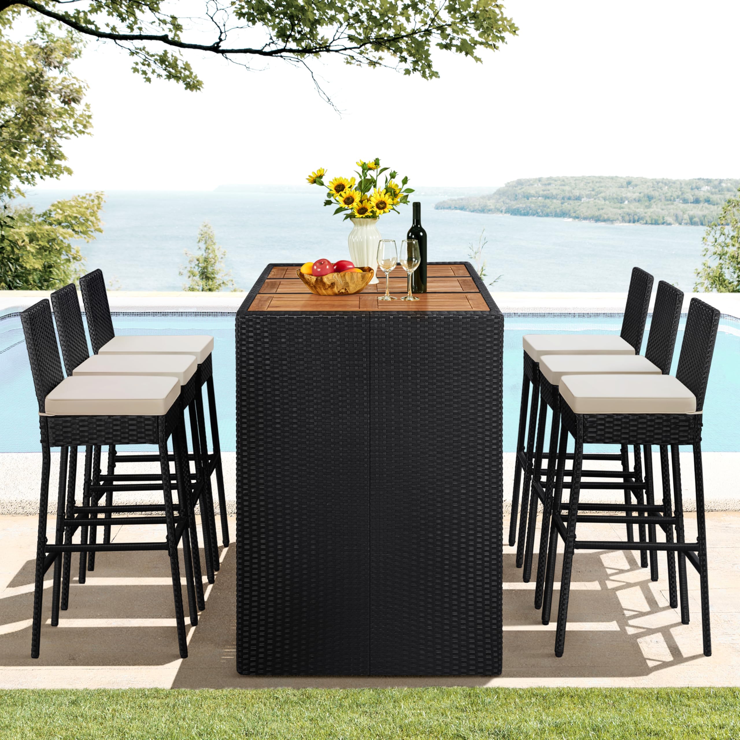 Yaheetech 7 Piece Patio Dining Set Outdoor Acacia Wood Bar Table and Chairs with Removable Cushions, Wicker Furniture Set for Deck, Backyard, Garden, Black/Beige