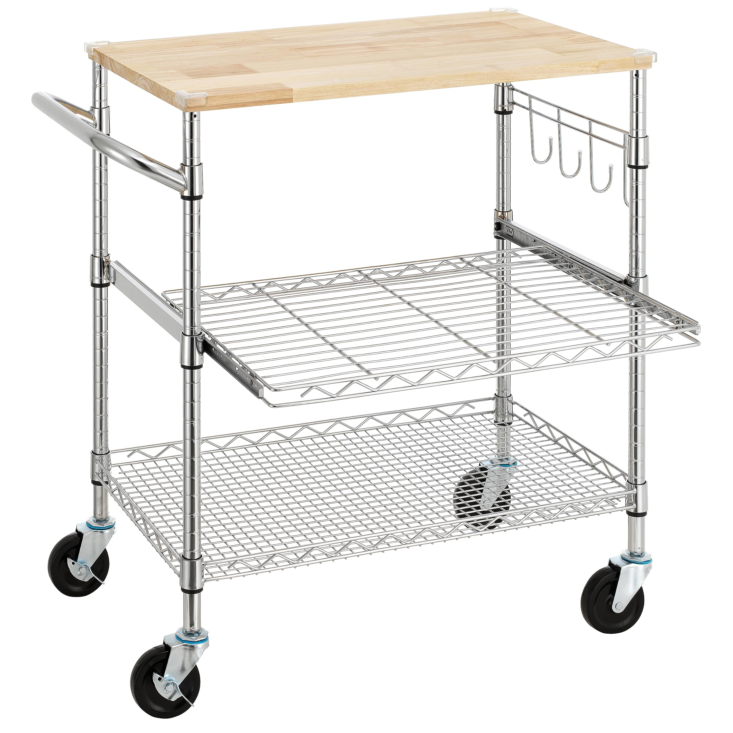 Finnhomy 3-Tier Rolling Kitchen Cart With 18" D x 30" W Oak Wood Tabletop, Kitchen Island With 4" Wheels and Slider Shelf, Microwave & Coffee Cart With Hooks for Dining Room, Chrome