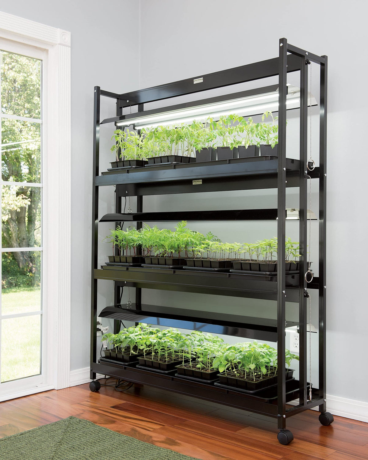Gardener's Supply Company 3-Tier Grow Light Plant Stand with Three Watertight Shelf Trays | Includes 6 Bright 6500K Color LED Full-Spectrum Bulbs for Optimal Indoor Growing