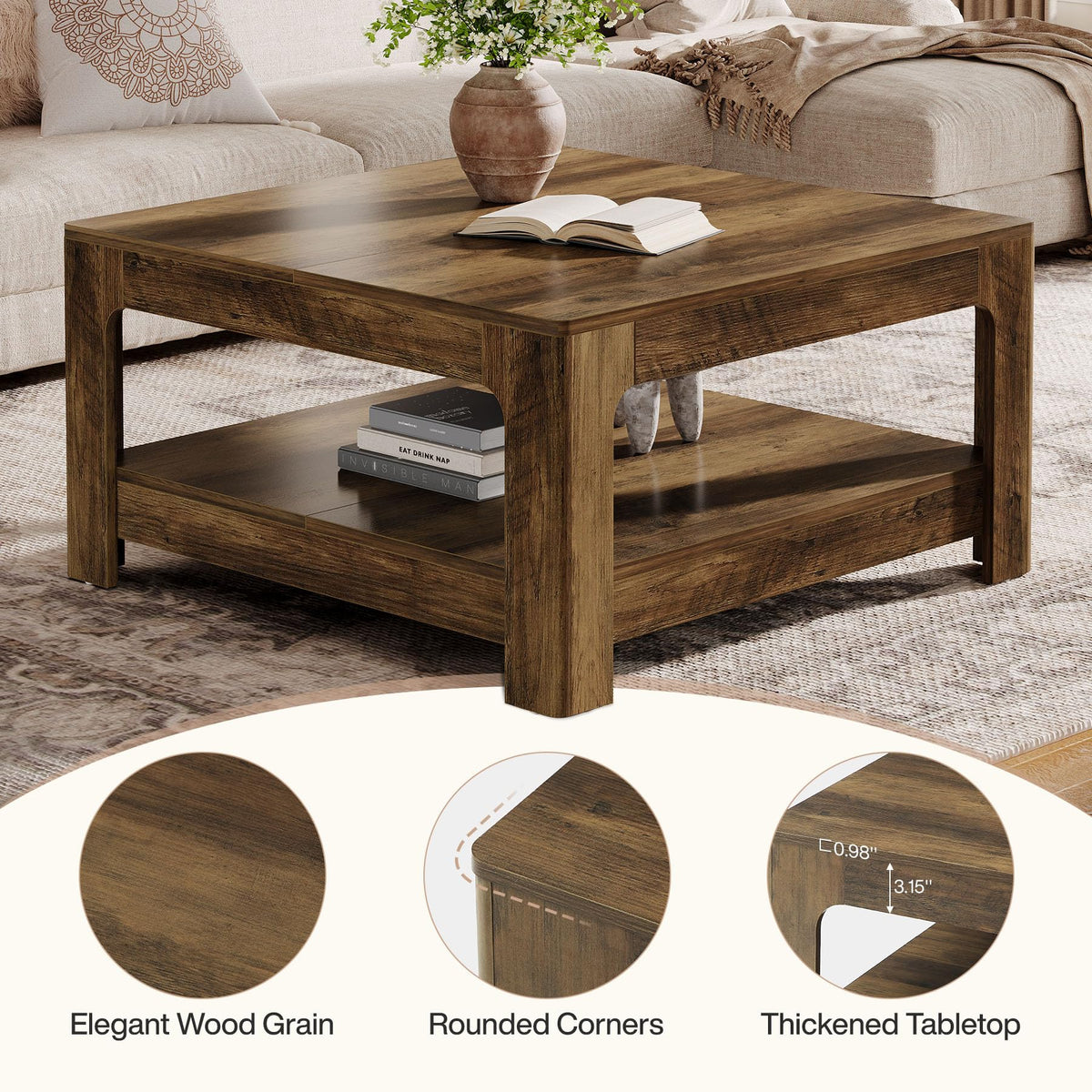 Tribesigns Square Coffee Table with Storage, 39.4-Inch Large Farmhouse Wooden Center Tea Accent Table for Living Room, Rustic Brown