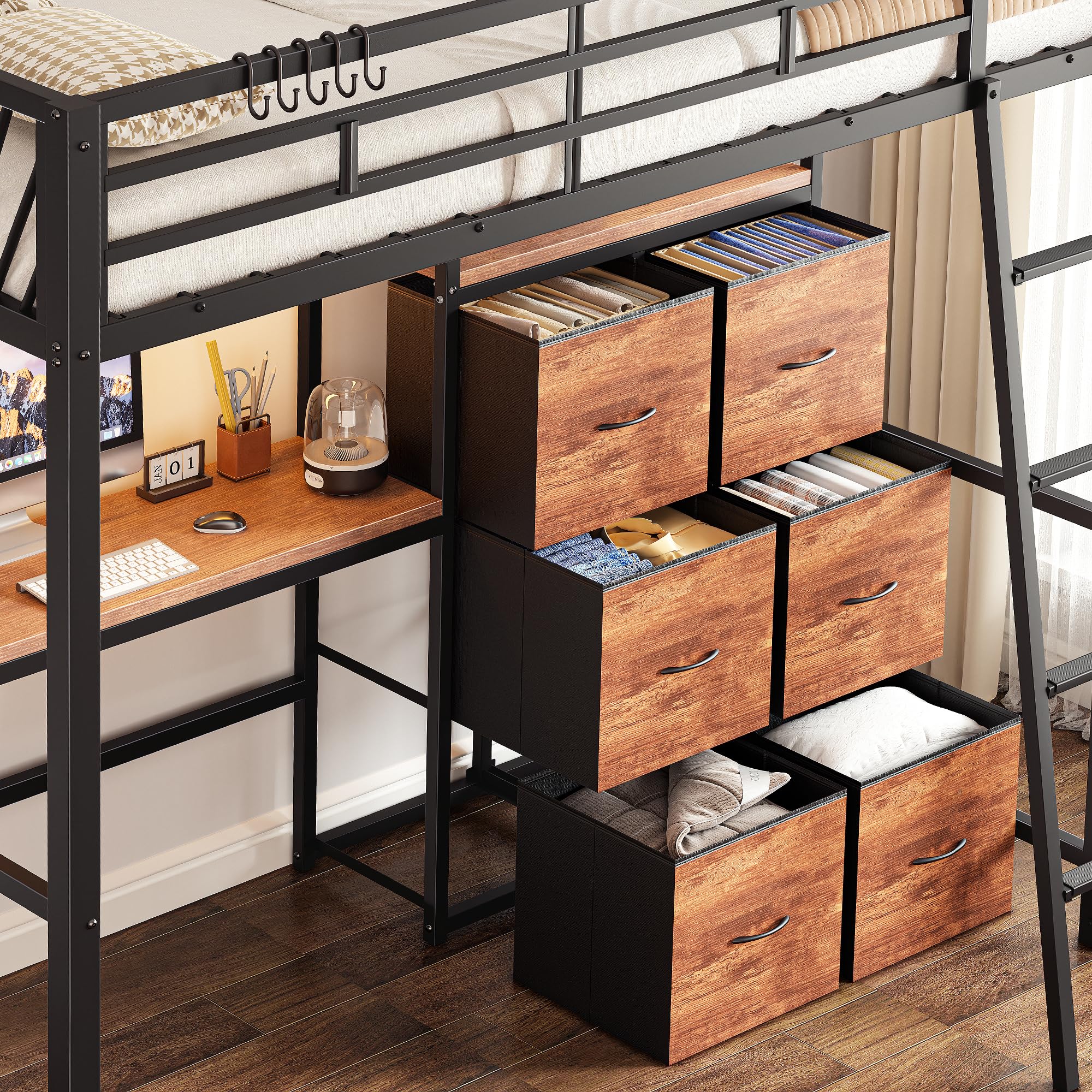 Twin Loft Bed with Desk & 6 Storage Drawers