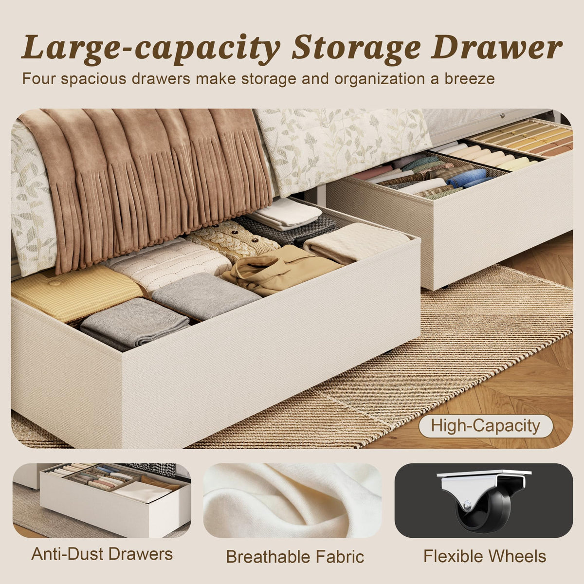 Fluest Queen Bed Frame with 4 Drawers, Upholstered Headboard with Storage, Charging Station, LED Lights, No Box Spring Needed, Easy Assembly, Beige
