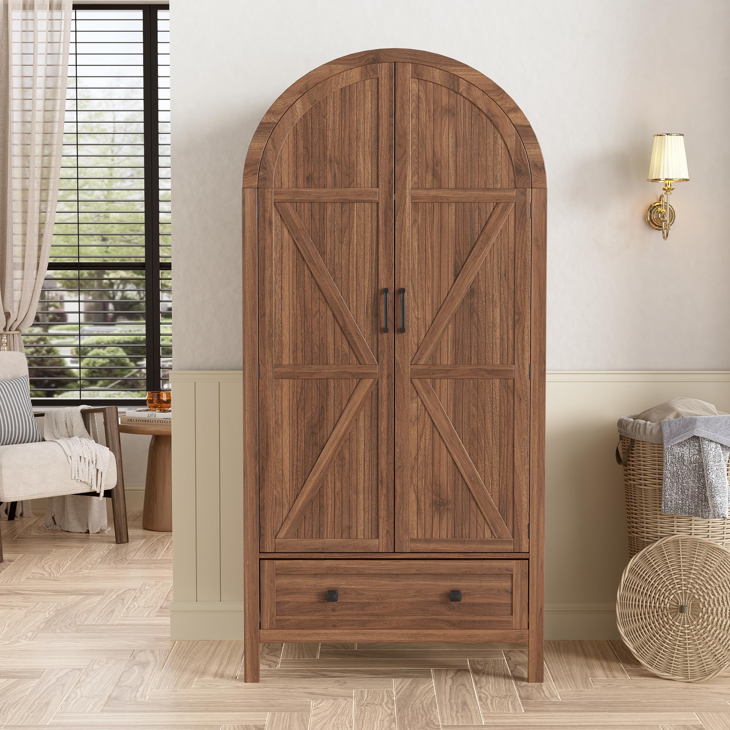 PAKASEPT Armoire Wardrobe Closet with Drawers and 2 Arched Fluted Doors, 70.9‘’ Tall Wooden Bedroom Armoires with LED Light & Shelves and Hanging Rod(Brown)