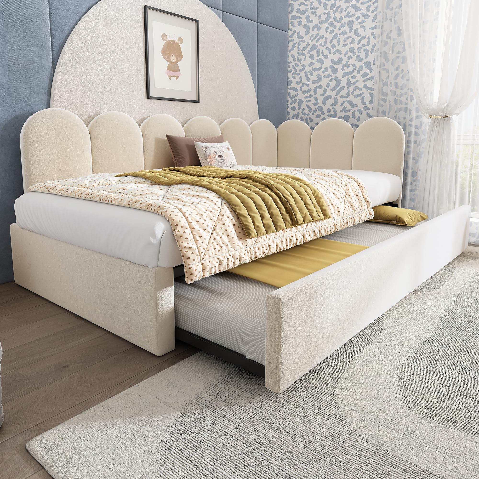 Ball & Cast Twin Size Daybed with Pull Out Trundle,Upholstered Platform Bed for Adults & Kids,Floor Sofa Daybed W/Metal Slat Support,Bedroom Furniture for Apartment,Guest Room,Living Room,Velvet,Beige