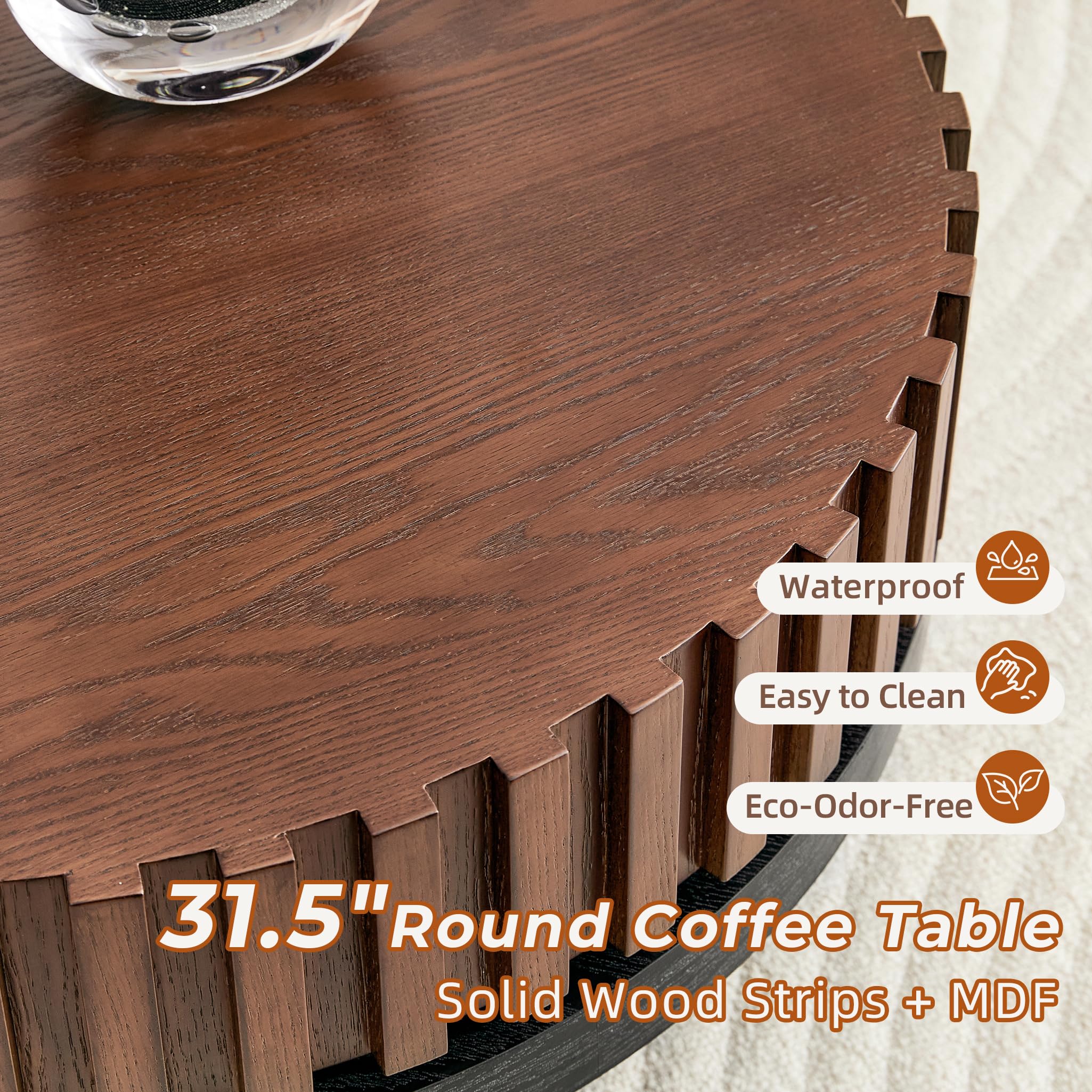 LKTART 31.5" Fluted Drum Coffee Table, Round Center Table with Black Walnut Accent & Textured Base, Easy Assembly, Mid-Century Modern Wood Veneer Cocktail Table for Living Room, Apartment, Office