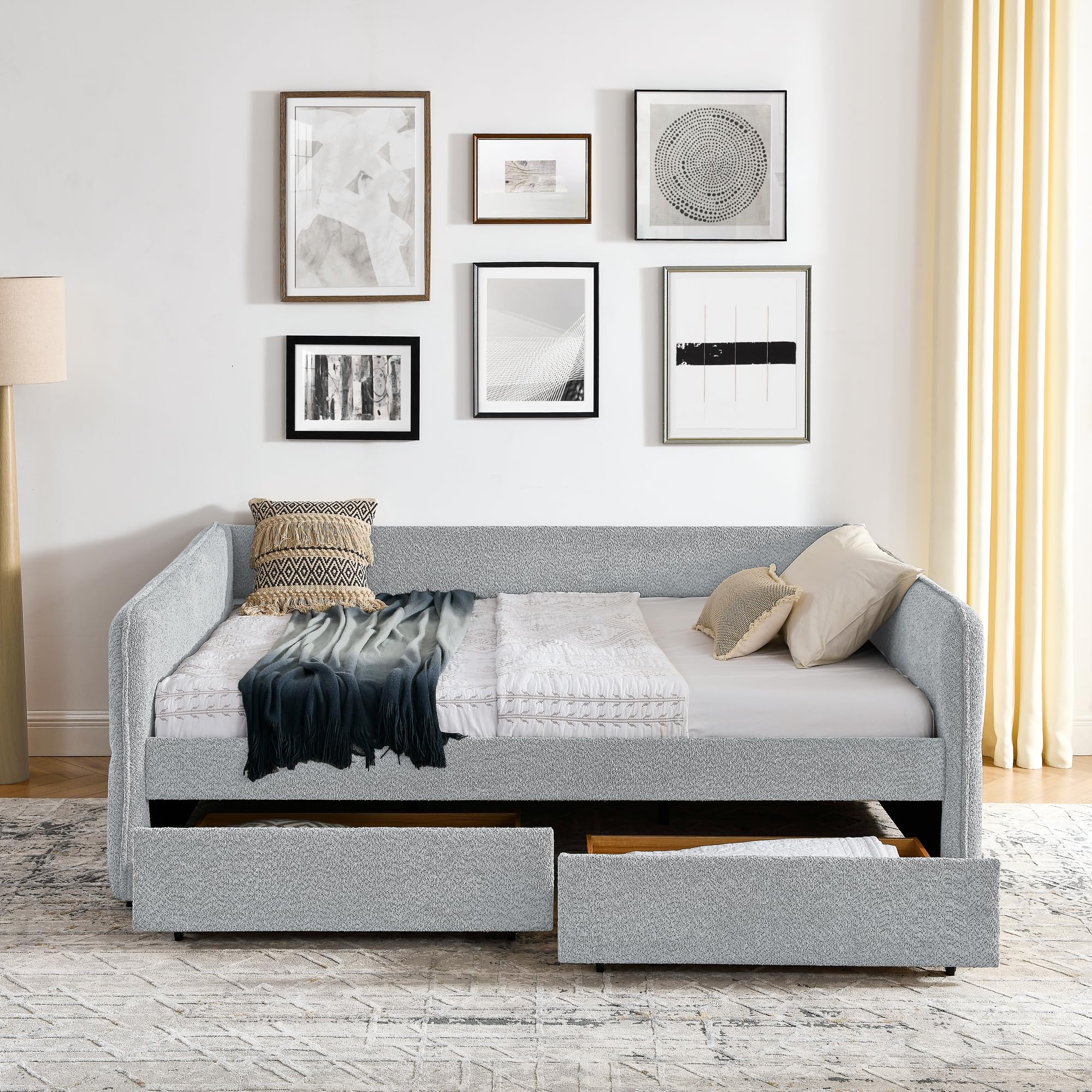 Ball & Cast Queen Size Daybed with Storage Drawers, Upholstered Day Bed Frame with Wood Slats Supports, No Box Spring Needed,Easy Assembly,Boucle Fabric,Grey