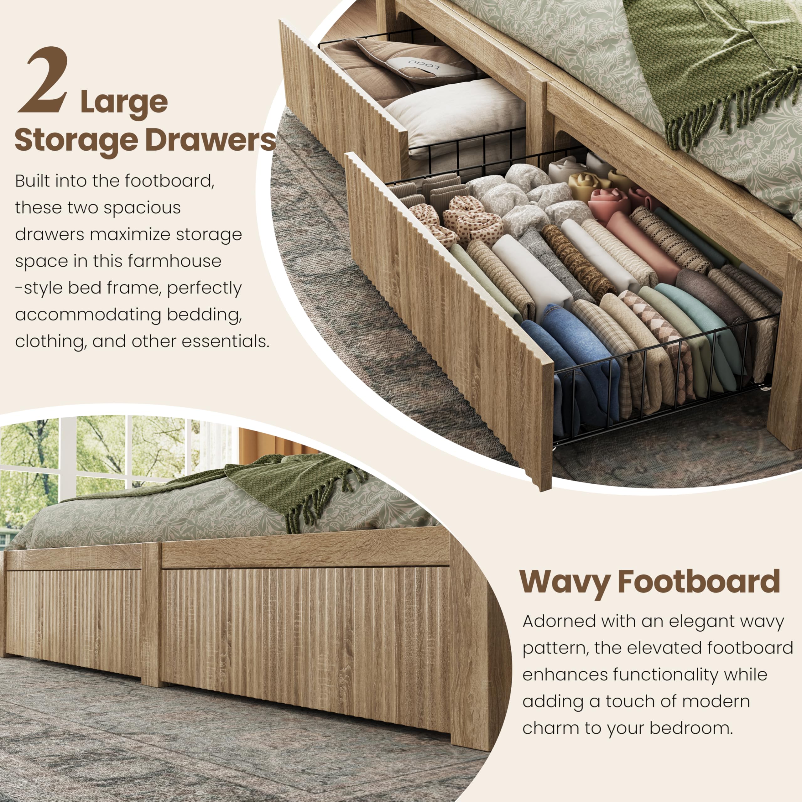 King Size Bed Frame with Storage Drawers, LED Lights & Charging Port