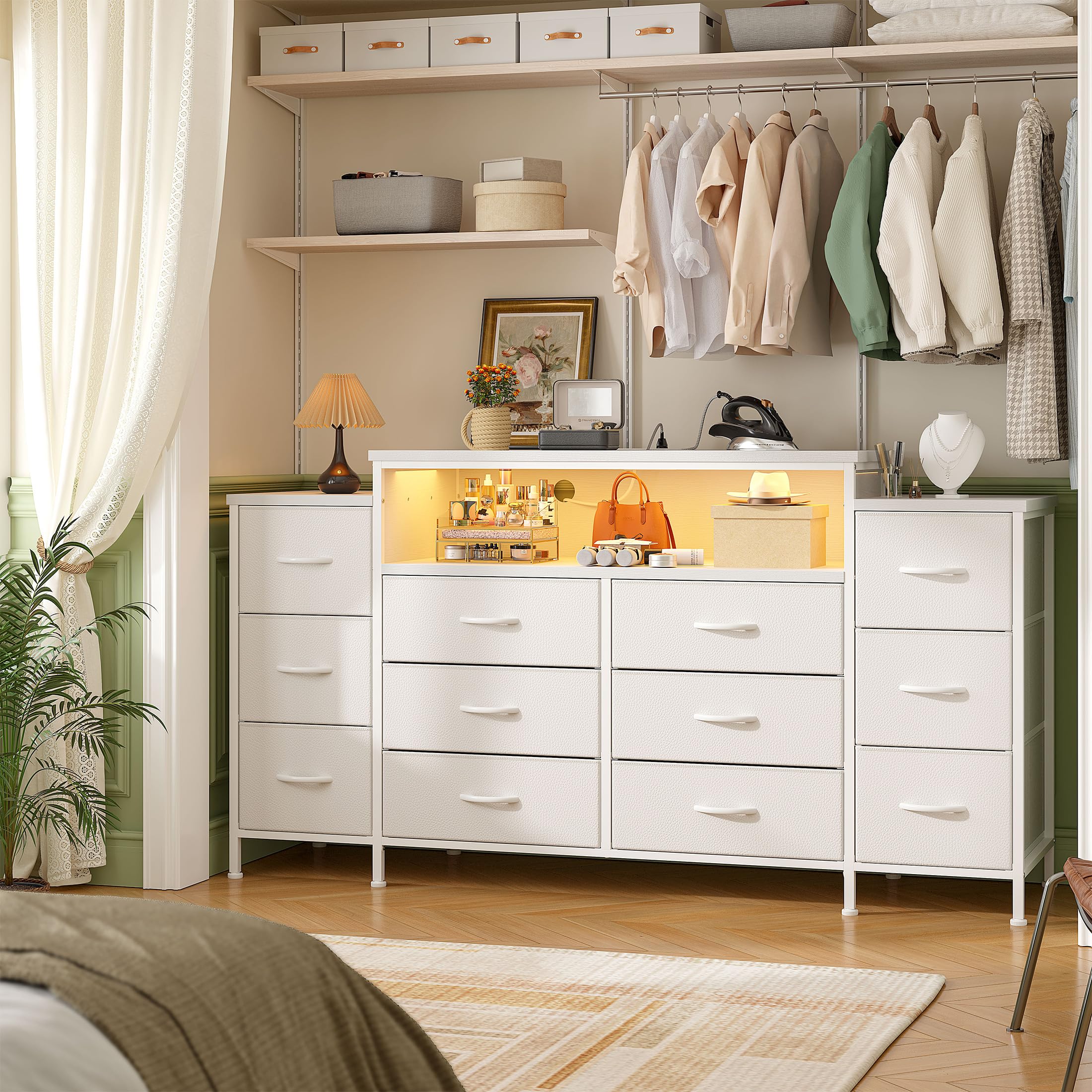 EnHomee 55" W Dresser for Bedroom with LED Lights & Charging Station 12 Drawer Dressers & Chests of Drawers Dresser TV Stand for Bedroom for Hanging 65" TV, Metal Frame & Fabric Drawers, White