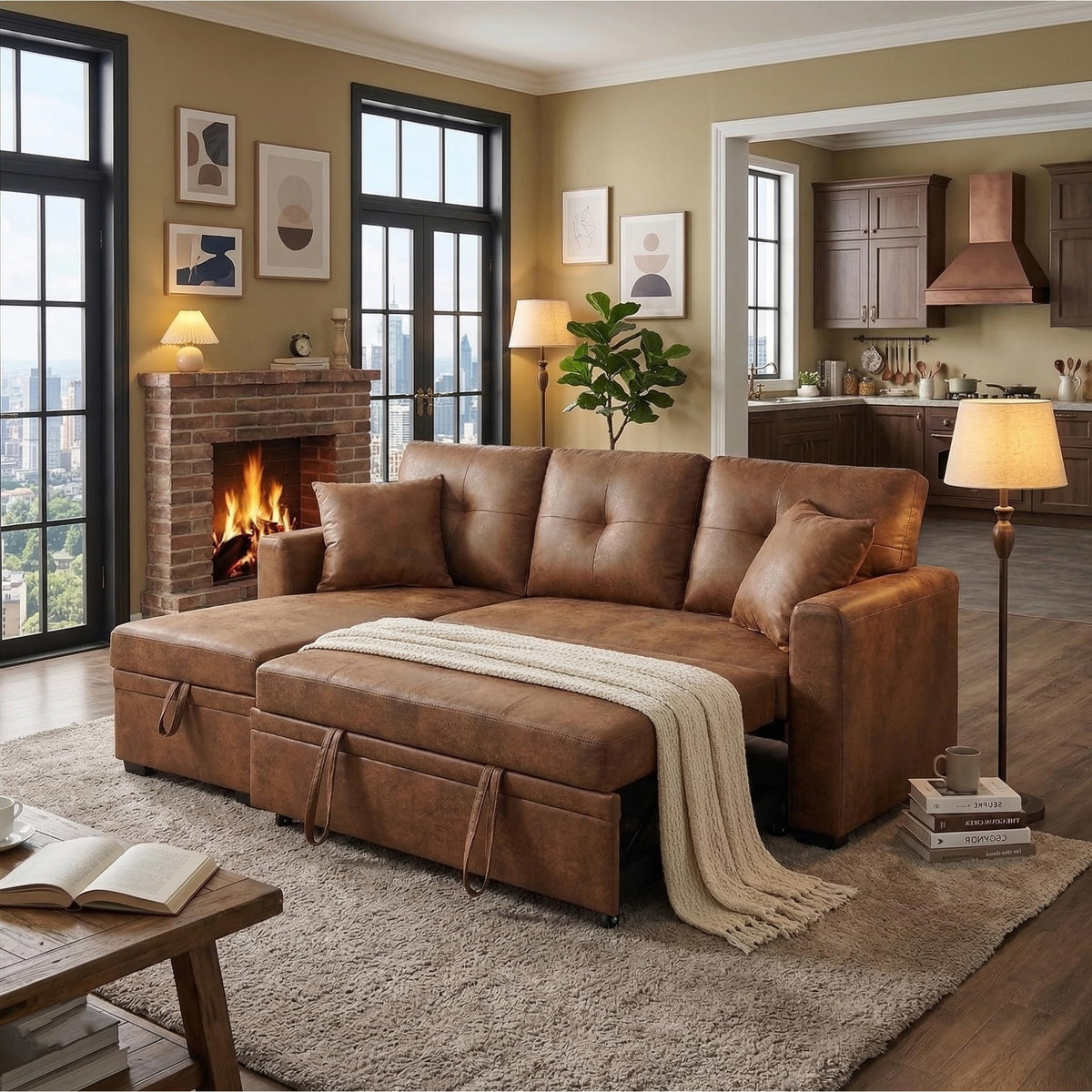Sectional Sleeper Sofa with Pull-Out Bed, Reversible Chaise and Storage