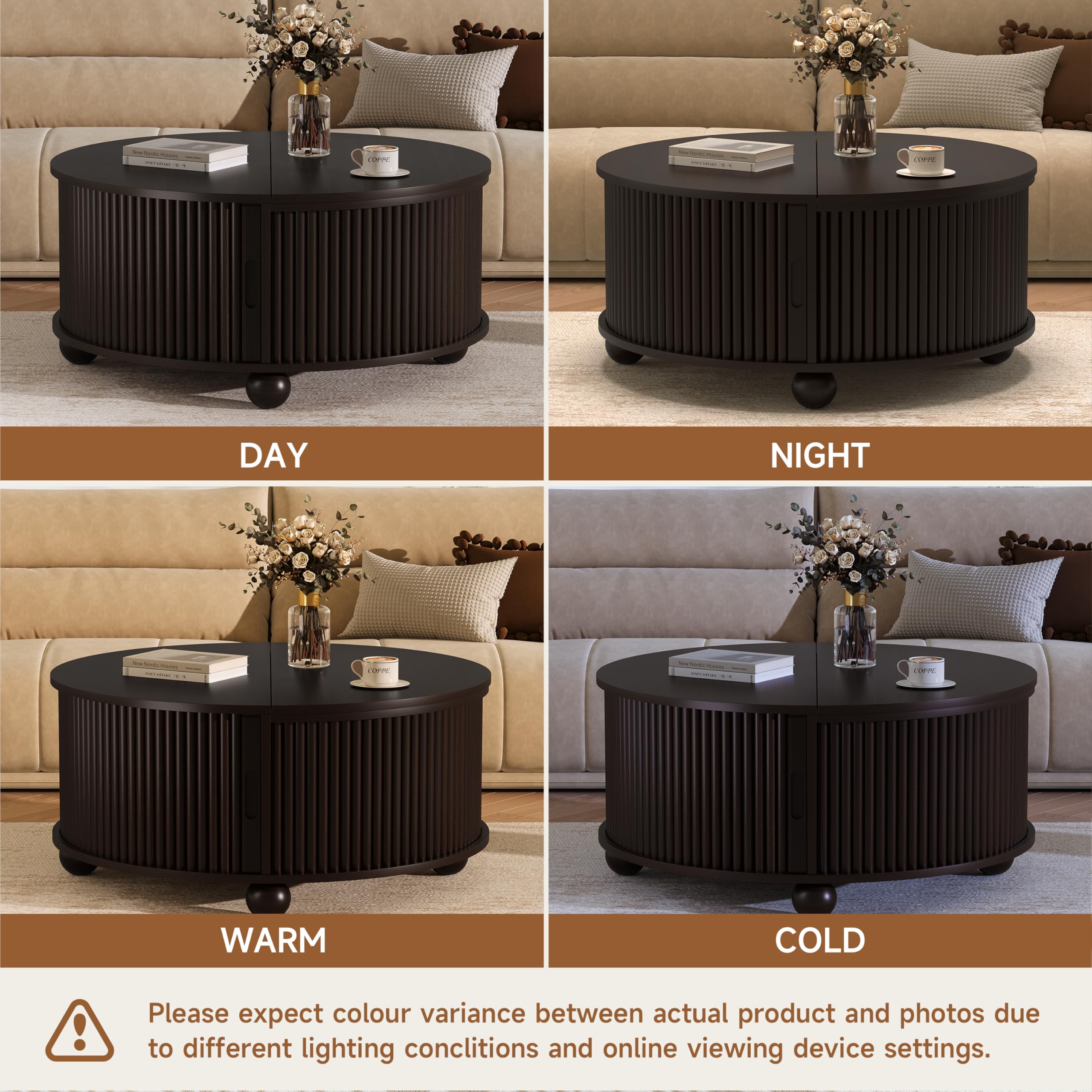DHH Fluted Round Coffee Tables,31.5" Mid Century Modern Circle Drum Table with Storage, Accent Coffee Table with Sliding Cabinet Door for Living Room Small Space (Dark Walnut)