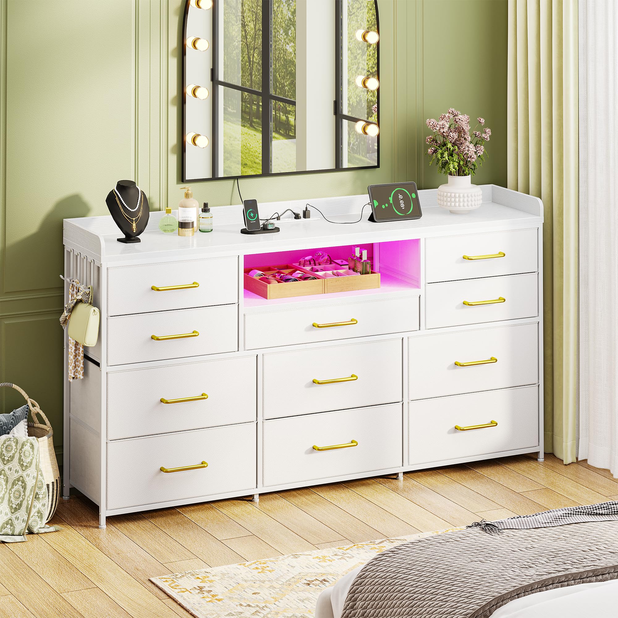 EnHomee Dresser TV Stand with 11 Drawers, 60" TV Stand with LED Lights & Power Outlets, White Dresser for Bedroom with Shelves & 5 Hooks for Dorm, Hallway