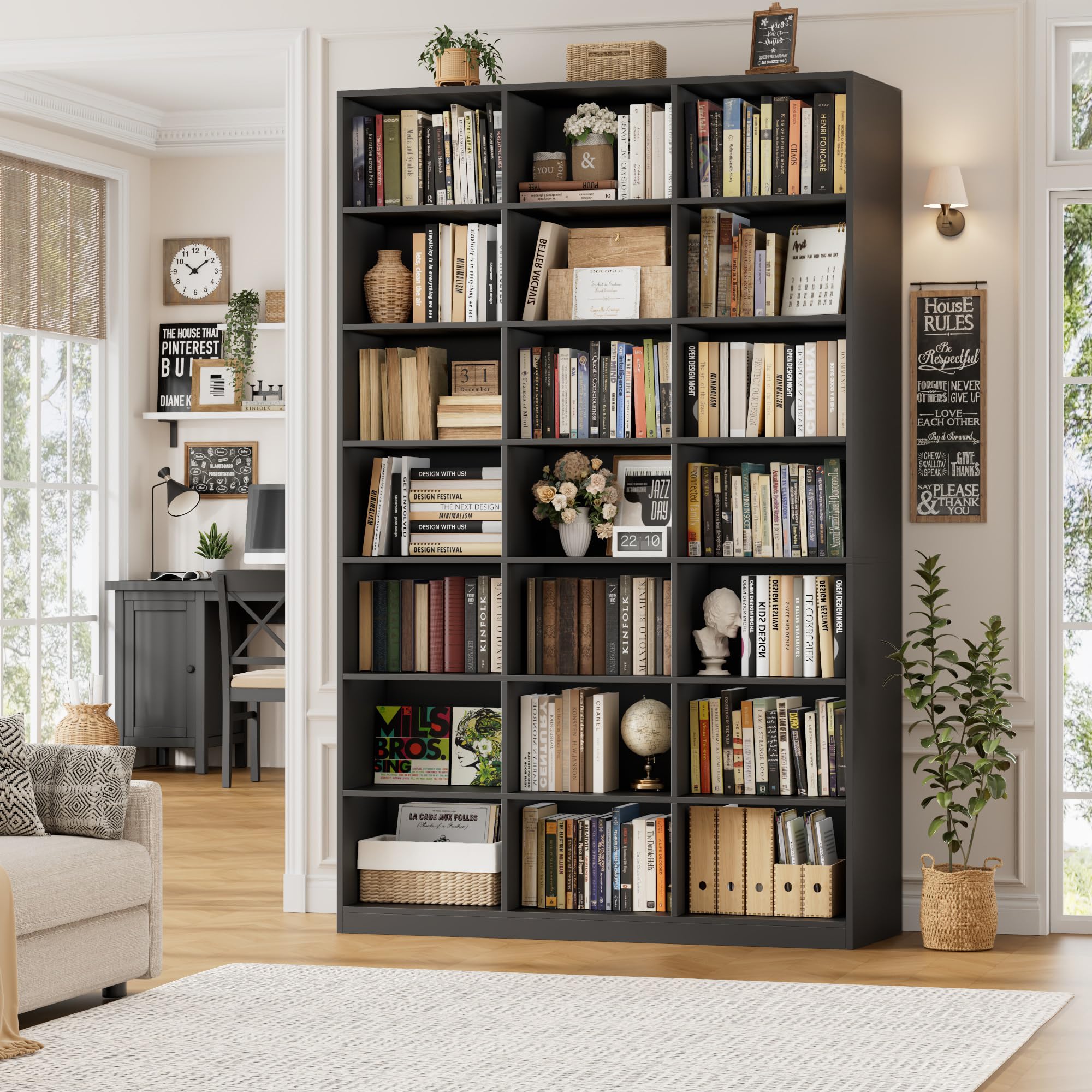 HOSTACK 86" H Triple Wide Bookshelf and Bookcase, 7 Tier Tall Bookshelf with Storage, Large Bookcase with 21 Open Display Storage Shelves, Wood Book Shelf Media CD DVD Storage for Living Room, Black