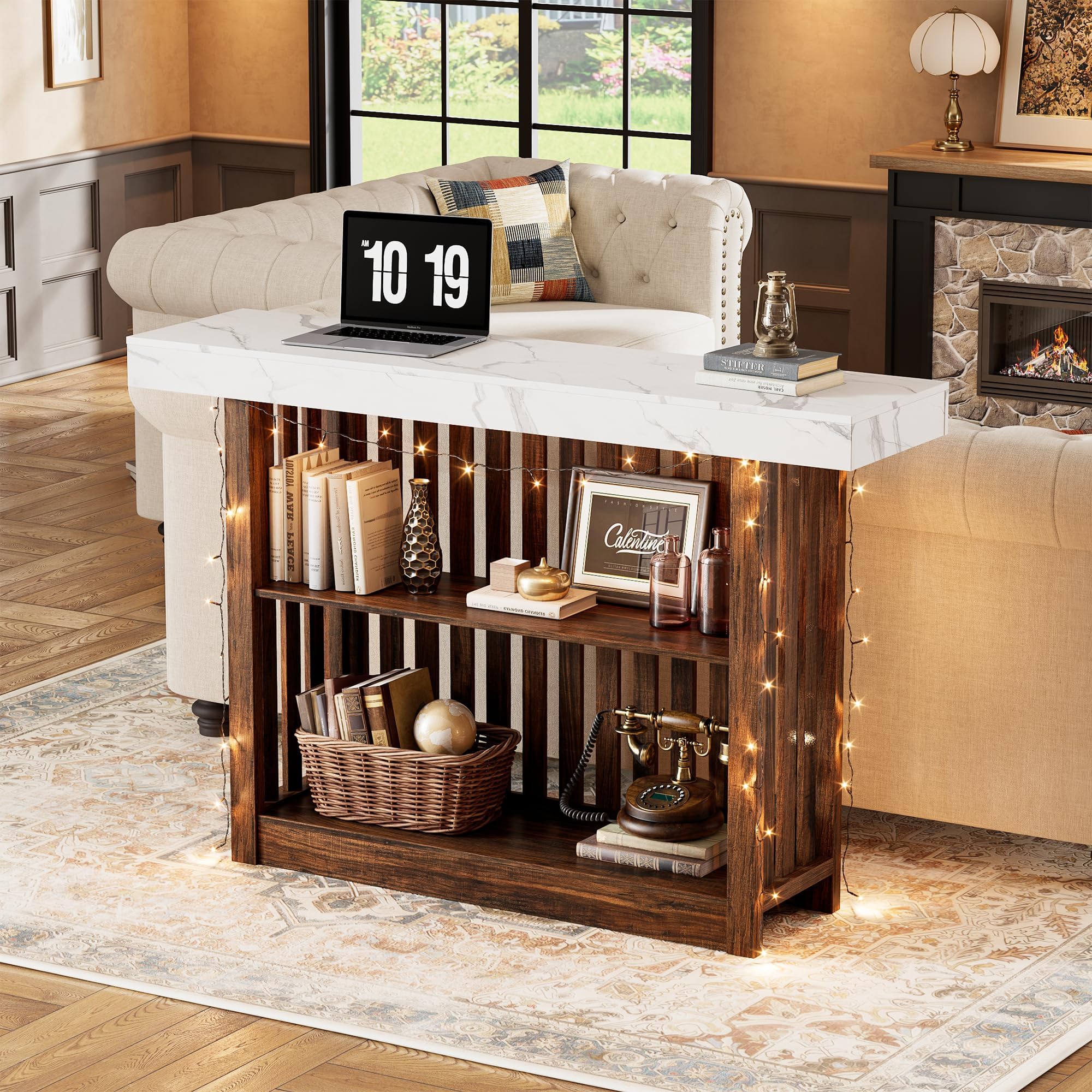 GarveeHome 63" Long Bar Table - Counter Bar Height Pub Table with 2 Tier Storage Shelves, Modern Coffee Breakfast Bar Unit for Dining Room, Bistro, Living Room, White + Walnut
