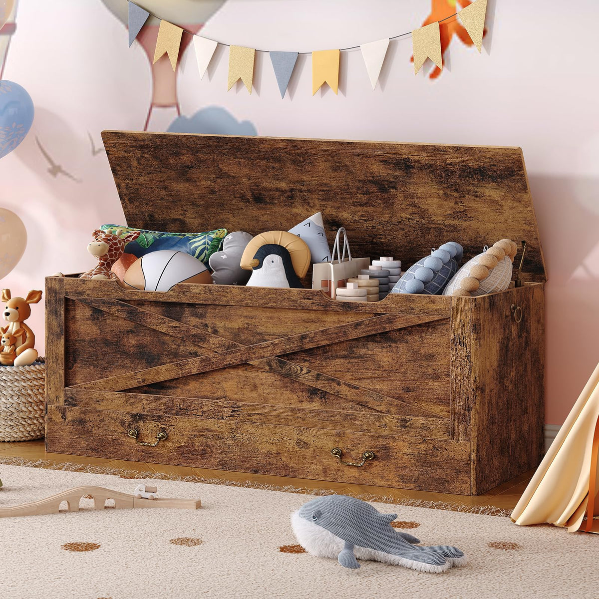 RALGEND Toy Chest, 47.2" Storage Chest with Drawer and Pull Handles