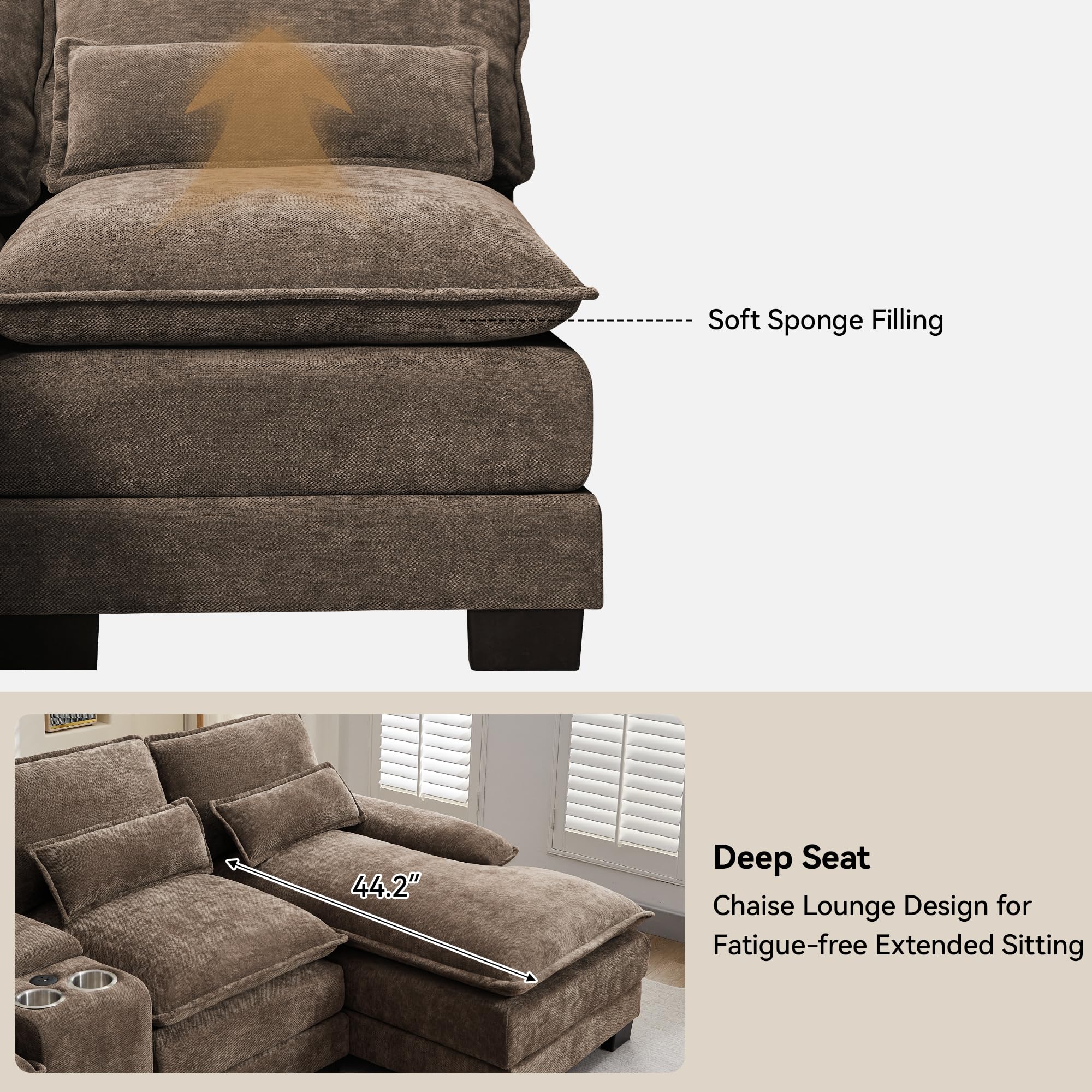 125" U Shaped Modular Cloud Couch, Small Deep Seat Sectional Sofa with Center Storage Console, USB Ports & Cup Holders, Comfy Couches for Living Room, Chenille Brown
