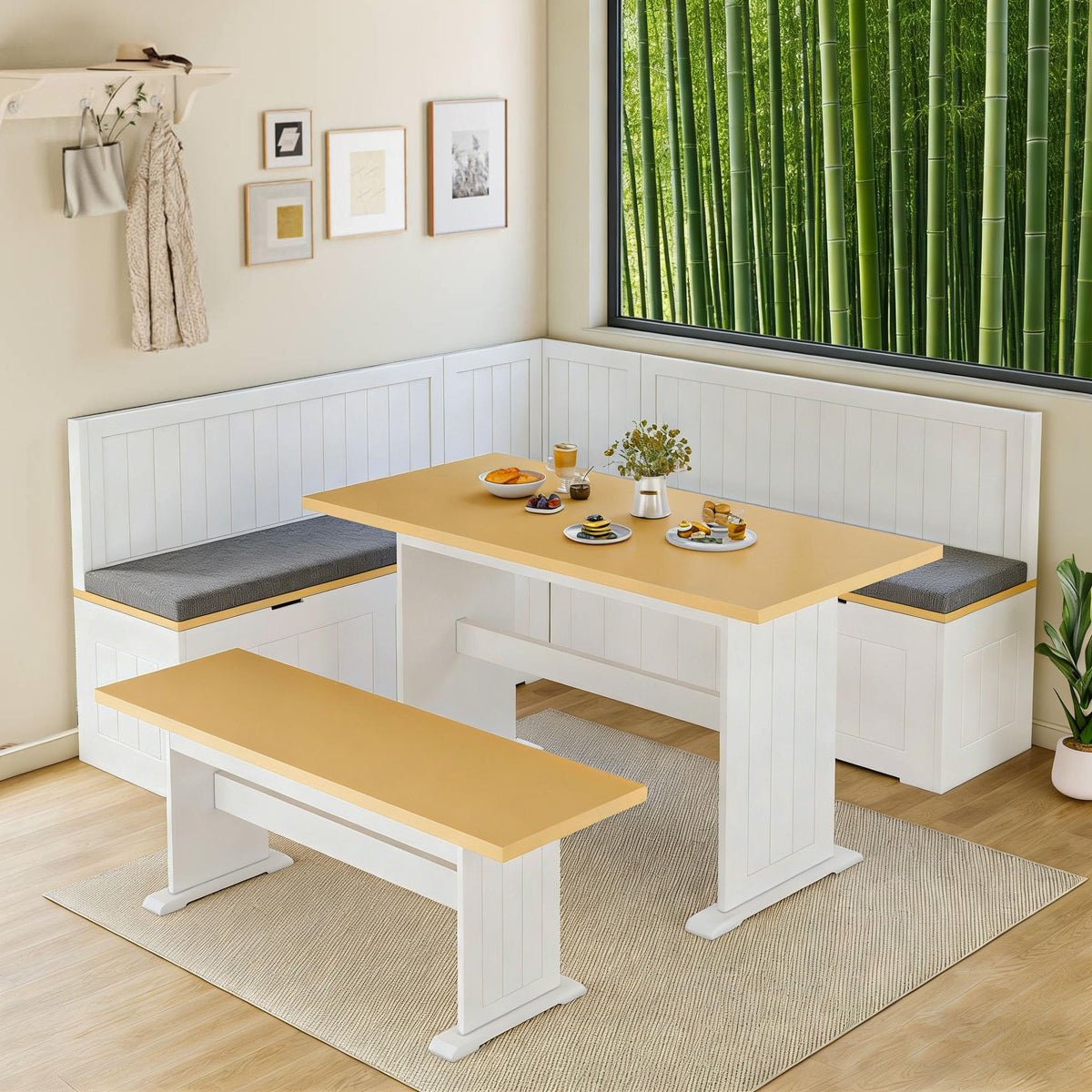 Corner Breakfast Nook Table Set with Cushion, Corner Dining Table Bench Set