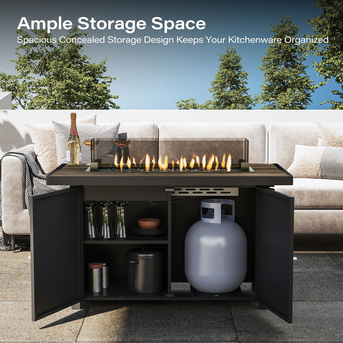 LAUSAINT HOME 43" Propane Fire Pit Table, 55000 BTU Gas Fire Pit with 2 Tiered Storage Space, Wood Grain Tabletop, Gray Glass Wind Guard for Outside Patio Lawn