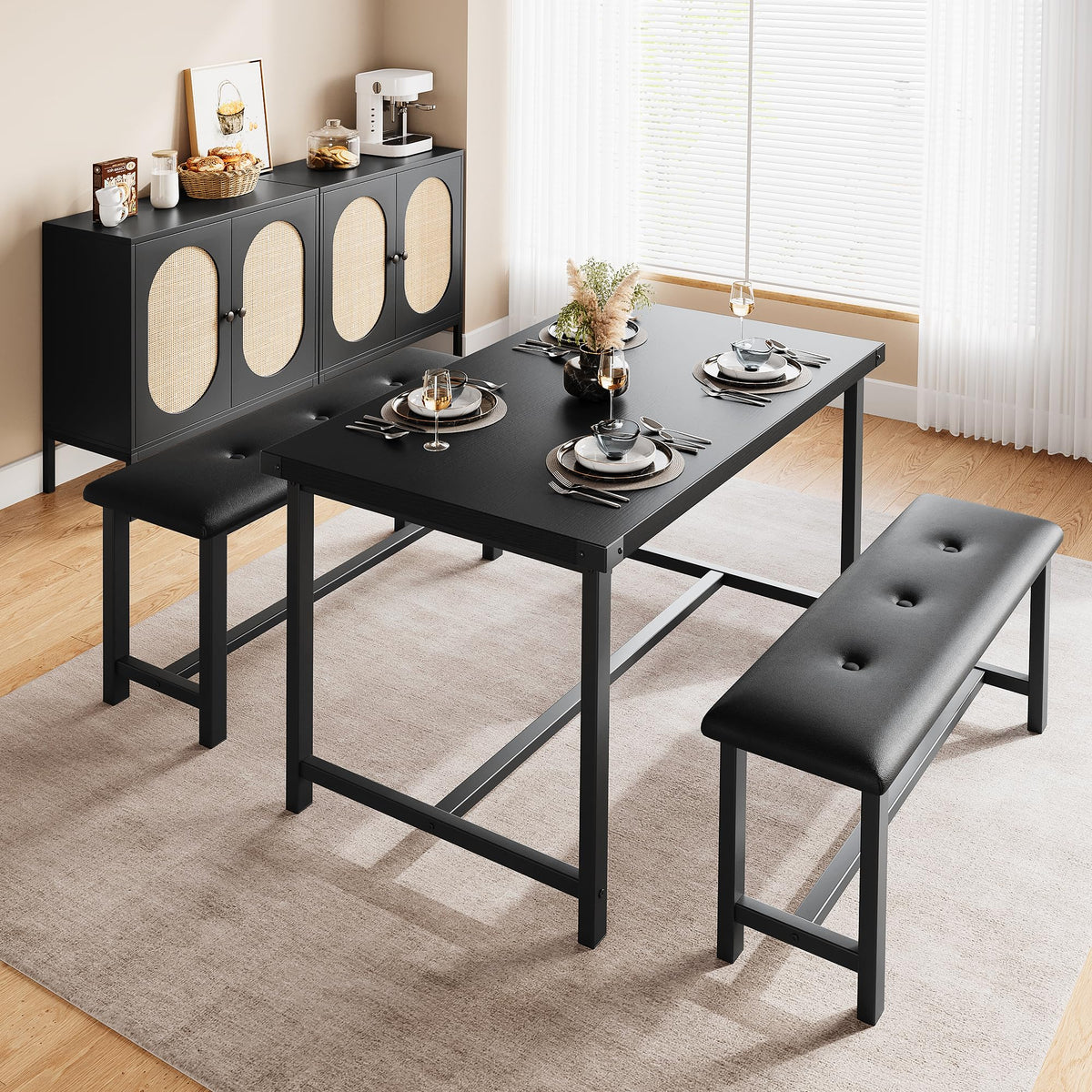CABIHOME Dining Table Set for 4, Farmhouse Rectangular Kitchen Table with Upholstered Benches, 3-Piece Dining Table and Bench Set for Small Spaces, Apartment, Studio, Black