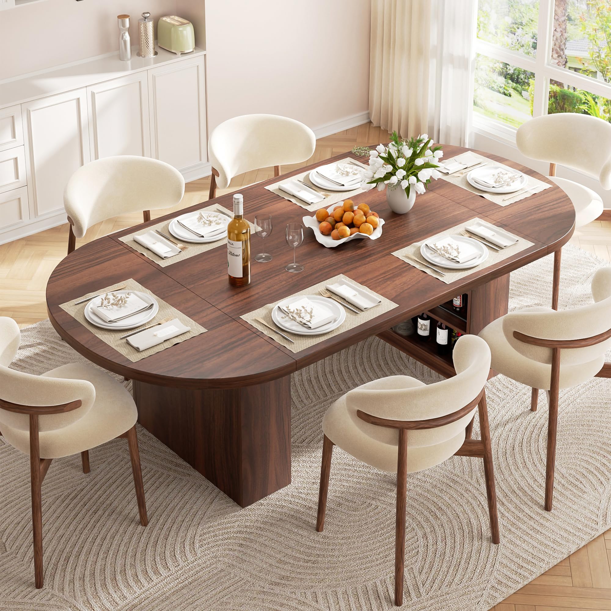 Jocoevol 78.7" Dining Table for 6-10 People, Oval Dining Room Table with 3-Tier Storage Shelf, Modern Wood Kitchen Tables with Heavy Duty Pedestal Base for Home, Dining Room, Walnut