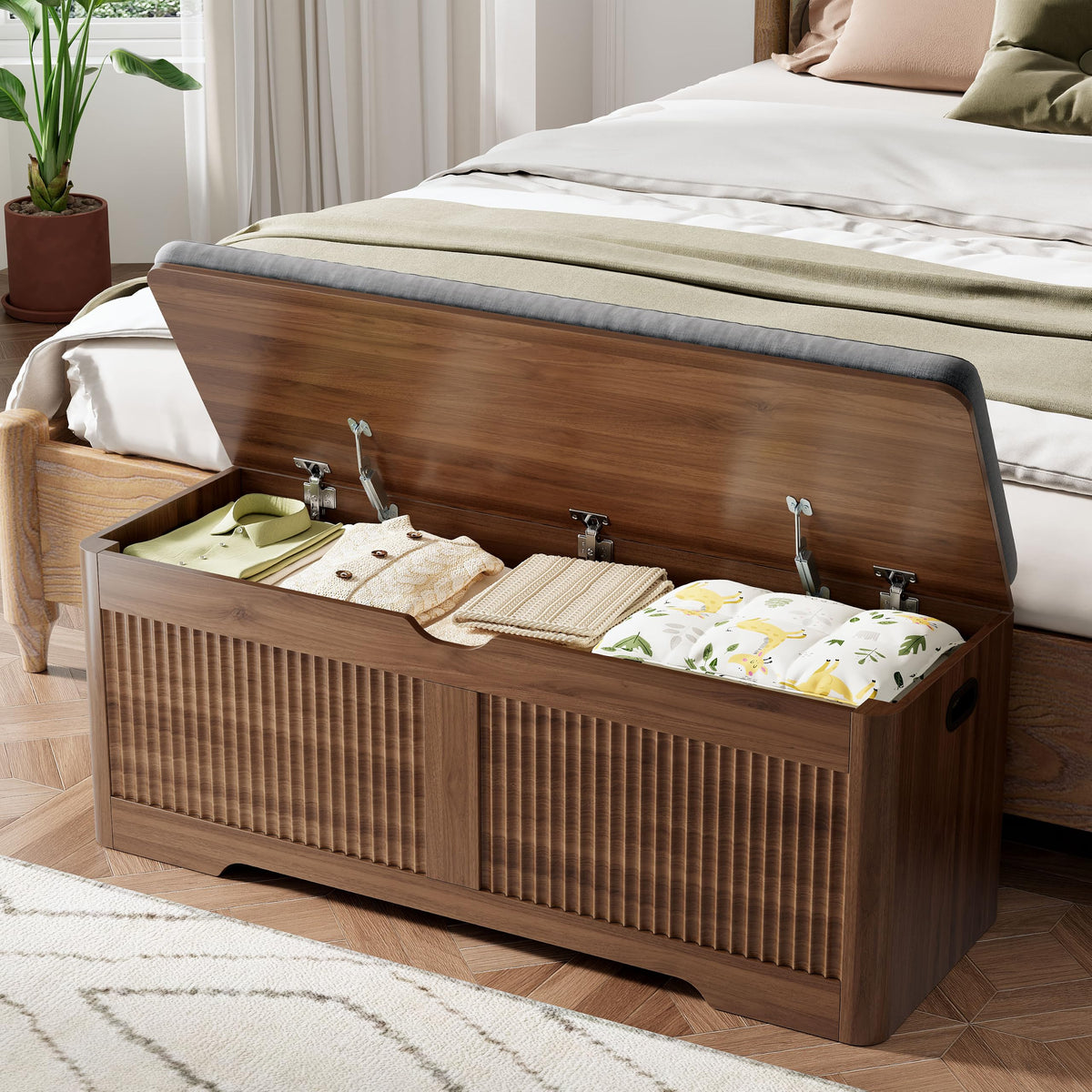 47.3"W Fluted Storage Chest with Padded Seat Cushion, Curved Profile,Walnut