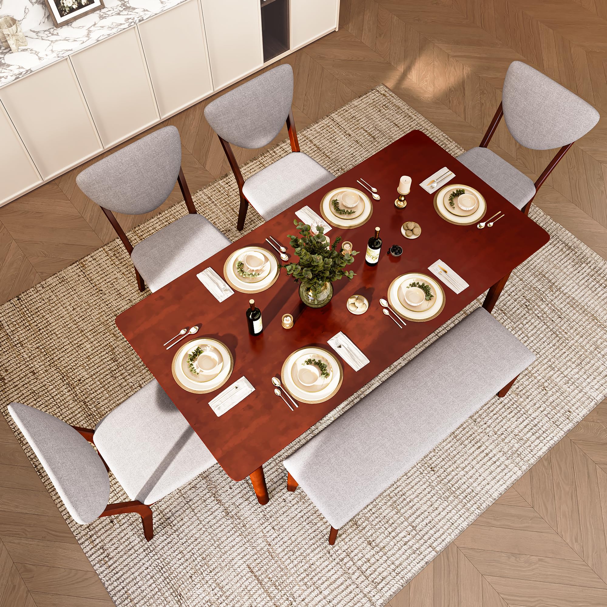 6-Piece Solid Rubberwood Dining Set with Bench & Upholstered Chairs