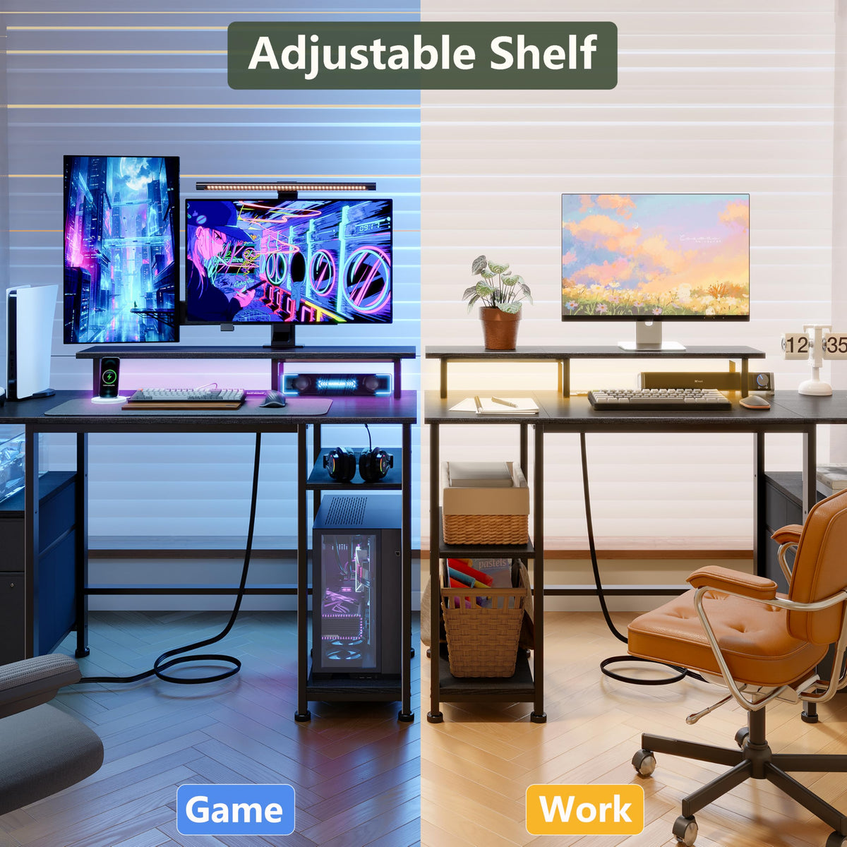 Furologee 51" Gaming Desk with Outlets & LED, Computer Office Desk, Black