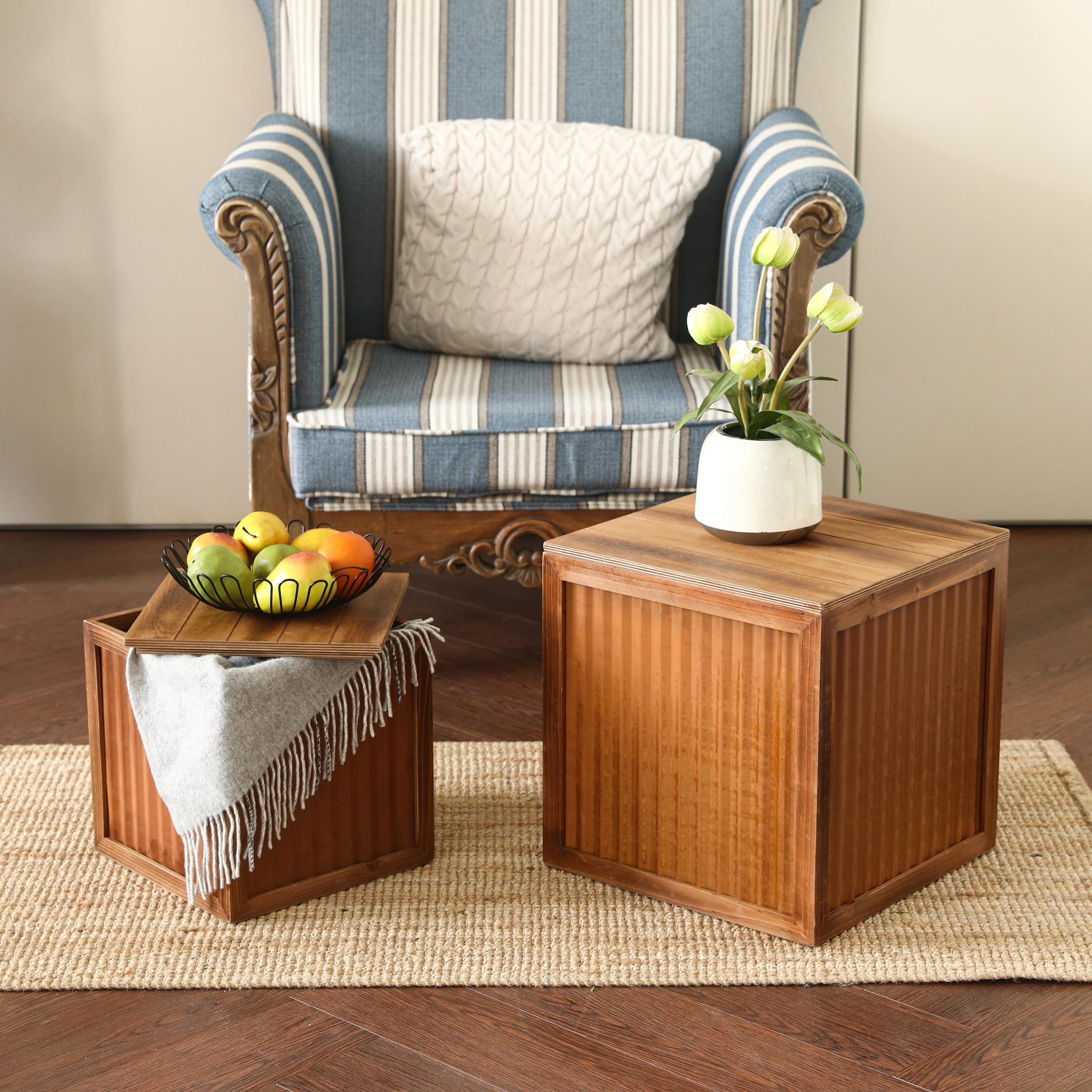 Farmhouse Wood & Iron Storage Ottoman Set, 2-Pack