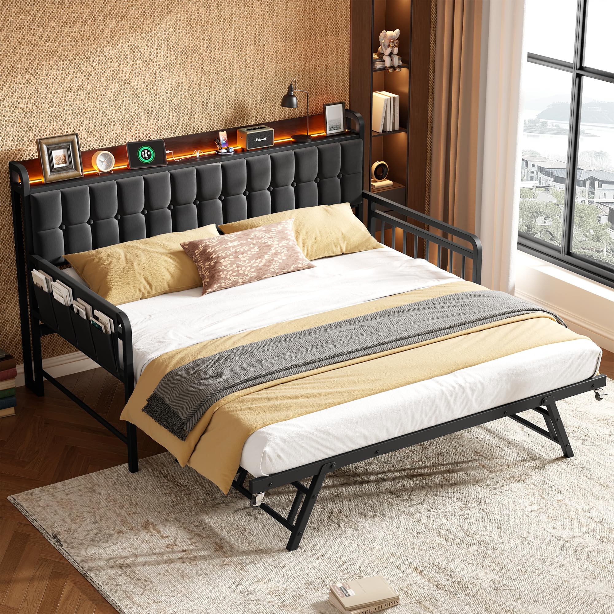 Convertible Sofa Bed with Trundle & LED Headboard