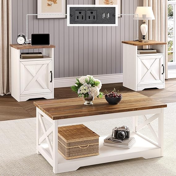 3-Piece Farmhouse Coffee Table Set with Charging Station