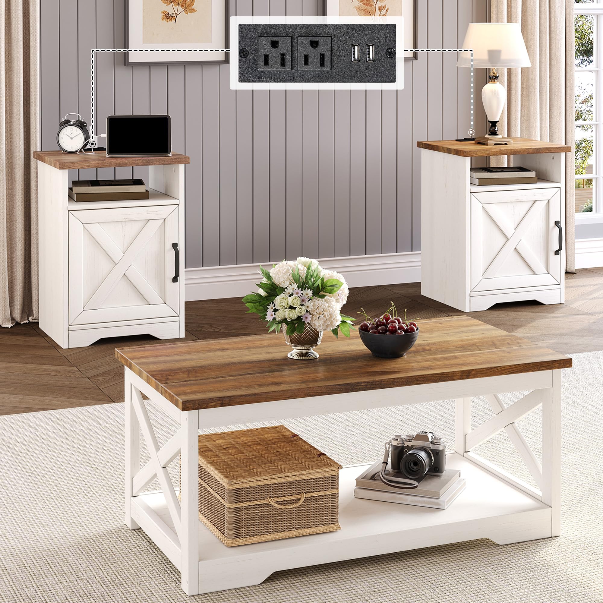 3-Piece Farmhouse Coffee & End Table Set with Charging Station