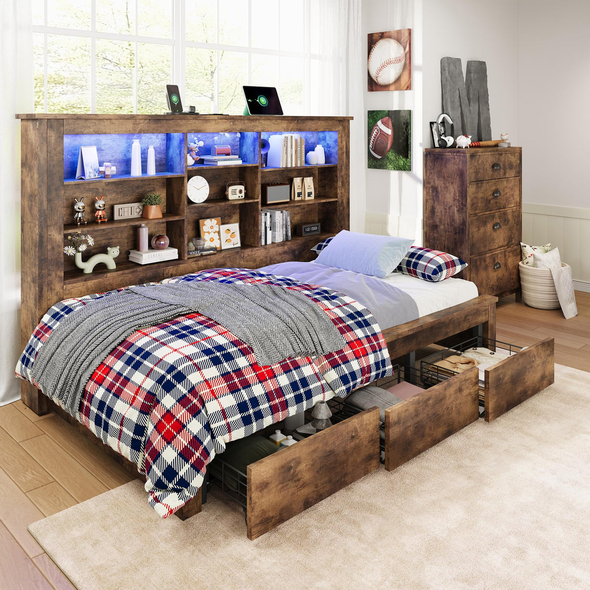 Jocisland Twin Bed Frame Bookcase Headboard, USB/LED＆3 Drawers, Rustic Oak