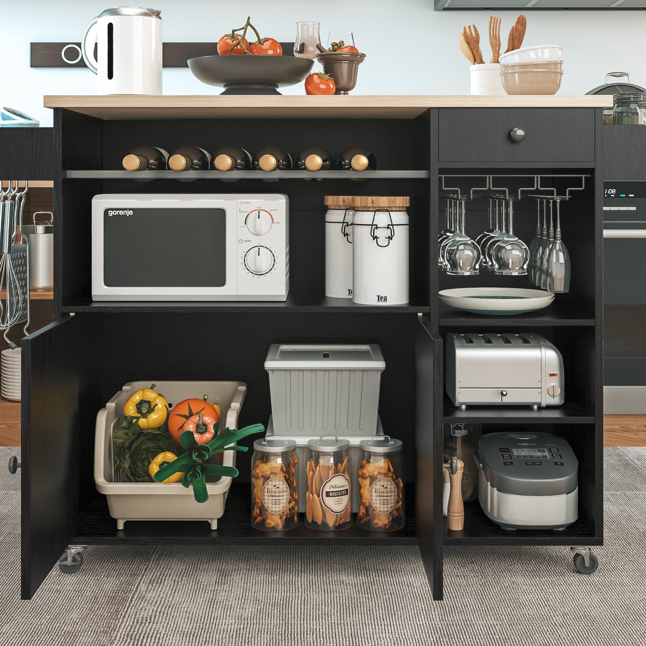 Kitchen Island Cart with Drop-Leaf & Wine Rack