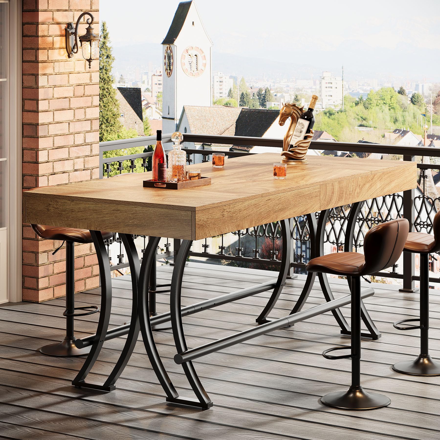 Tribesigns 63" Counter Height Bar Table with Metal Footrest, Rectangular Tall Kitchen Dining Pub Table, Industrial Home Bar Unit for Entertaining, Freestanding, Rustic Brown