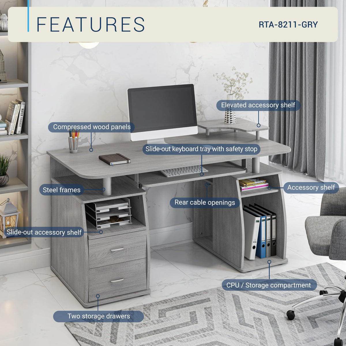 Grey Computer Desk with Storage
