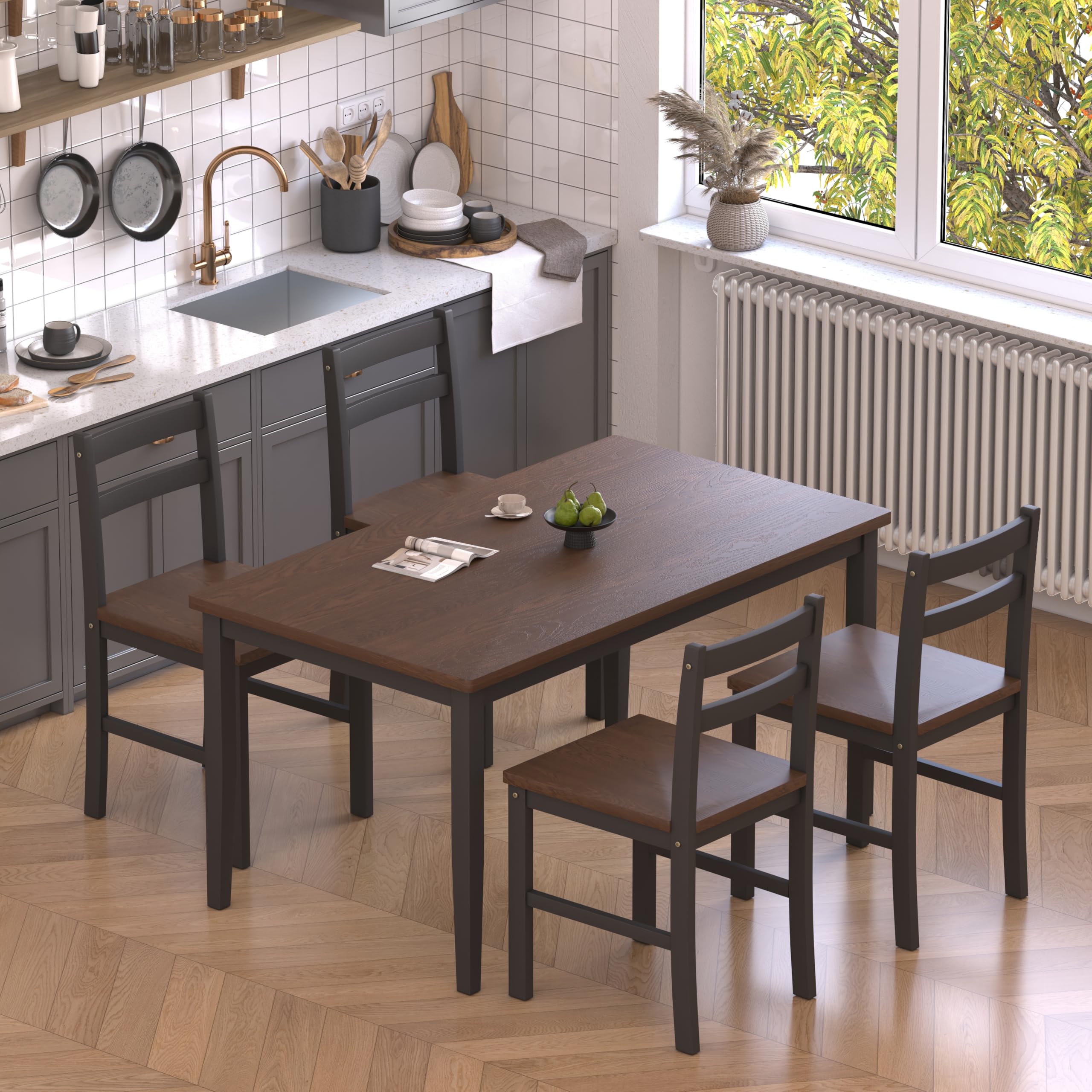 5-Piece Solid Wood Dining Table Set with 4 Chairs