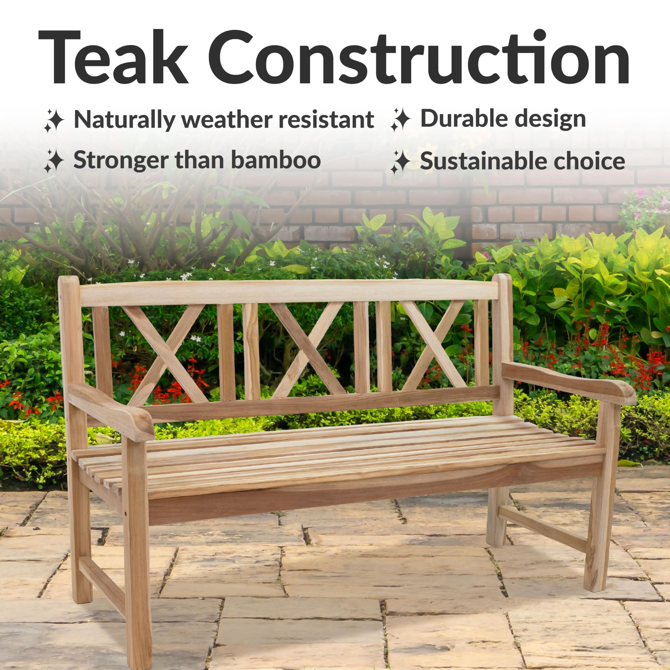 2-Person Teak Outdoor Bench with Backrest