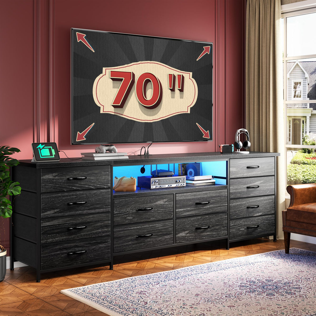 Romorgniz 63" W Dresser for Bedroom with 12 Drawers,LED,Power Outlets