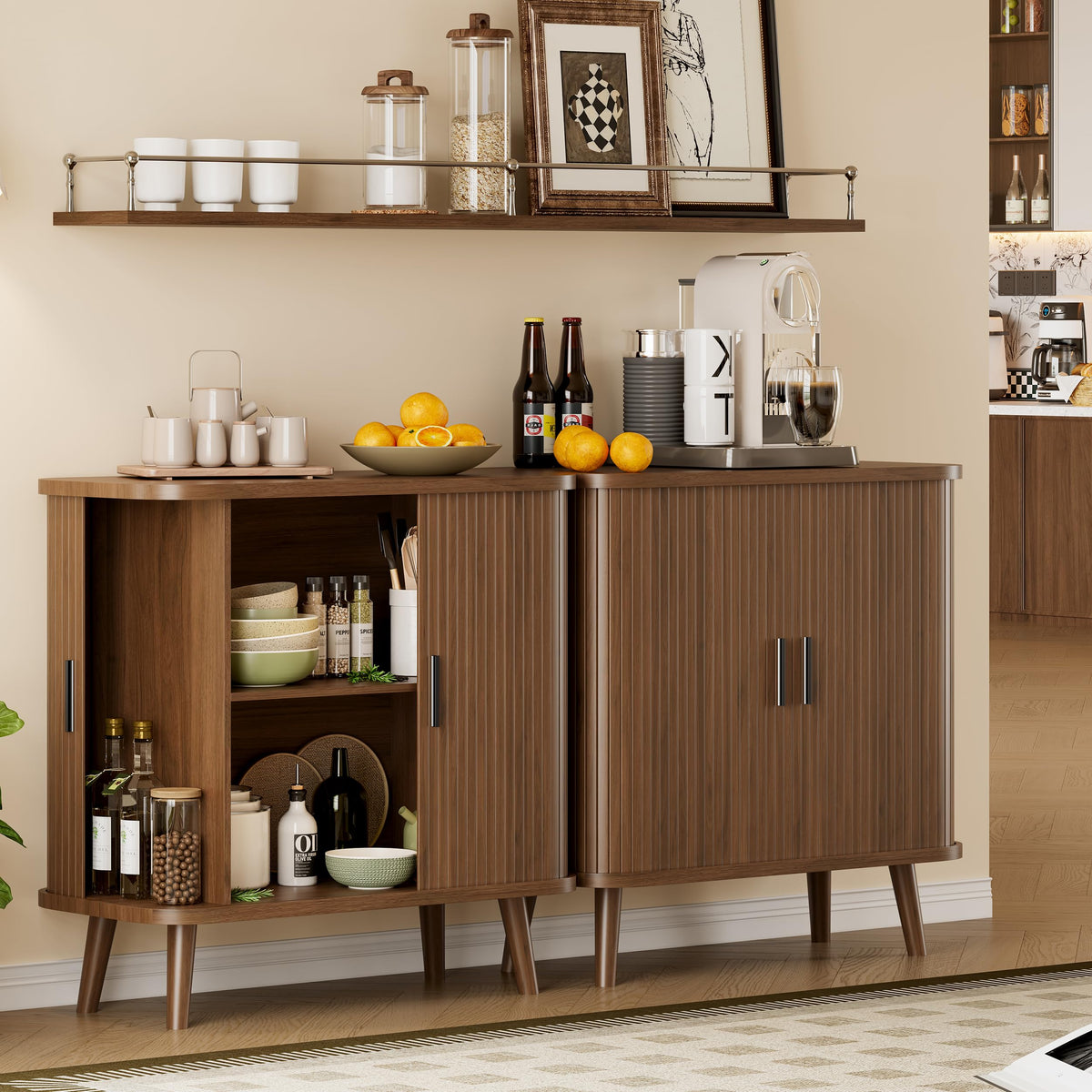 Xixini Fluted Sideboard Buffet Cabinet with Sliding Doors, 31.5", Walnut